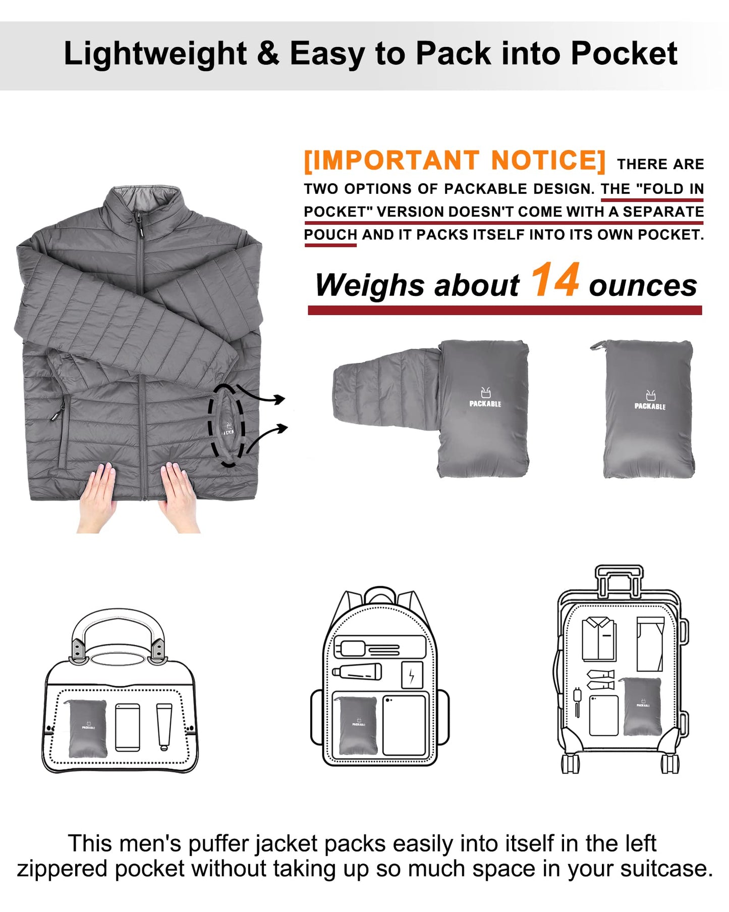 Outdoor Ventures Herren Steppjacke Packbare Leichte Warme Übergangsjacke Herren Wasserfeste Pufferjacke mit 3 Taschen für Outdoor Casual Wandern
