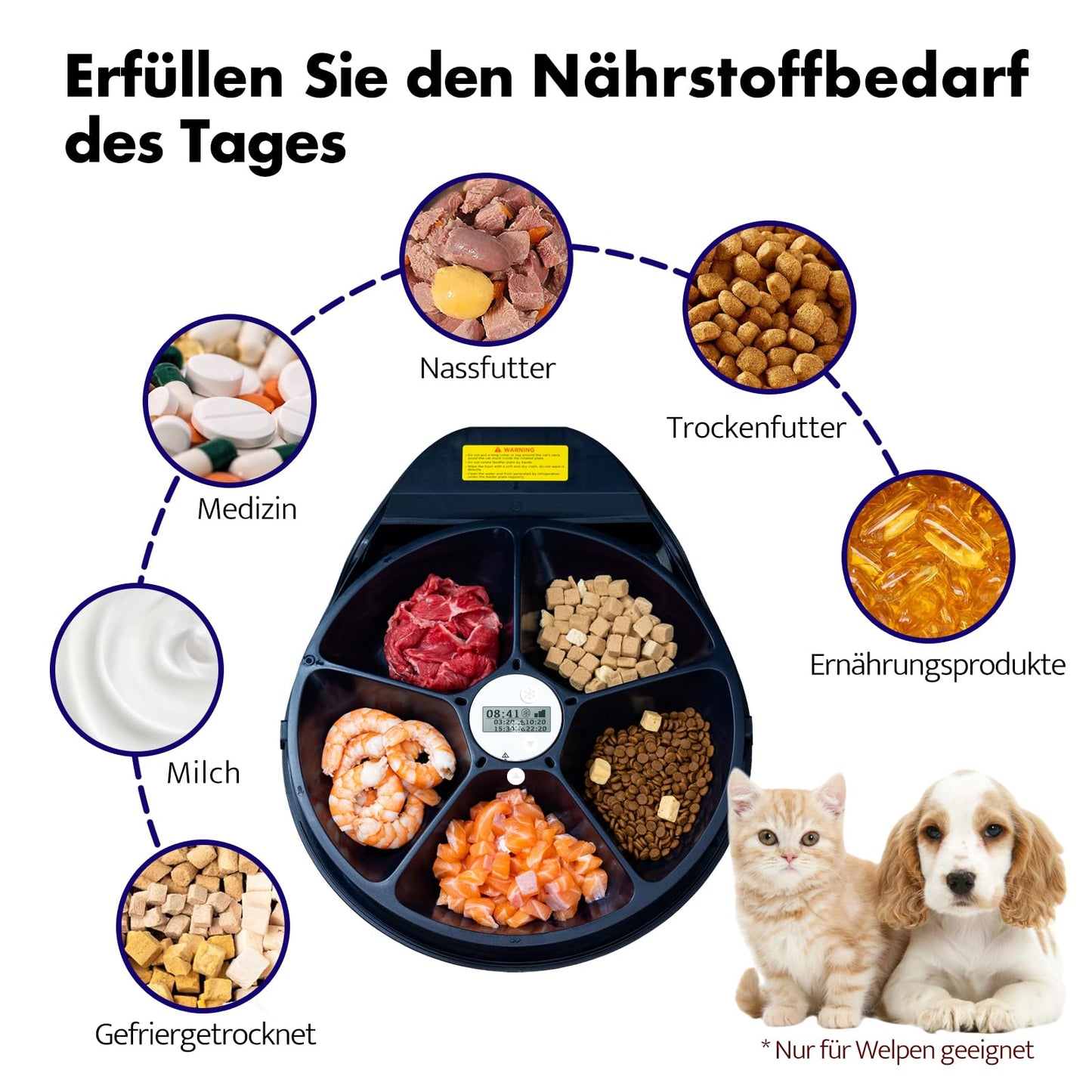 Futterautomat Katze Nassfutter mit Kühlung, 1-4 Tage Frischehaltung, Halbleiter Kühlung, Quick Chills Soße Nassfutter Trockenfutter Katzen Futterautomaten, 5 Mahlzeit Katze Hund katzenfutter automat