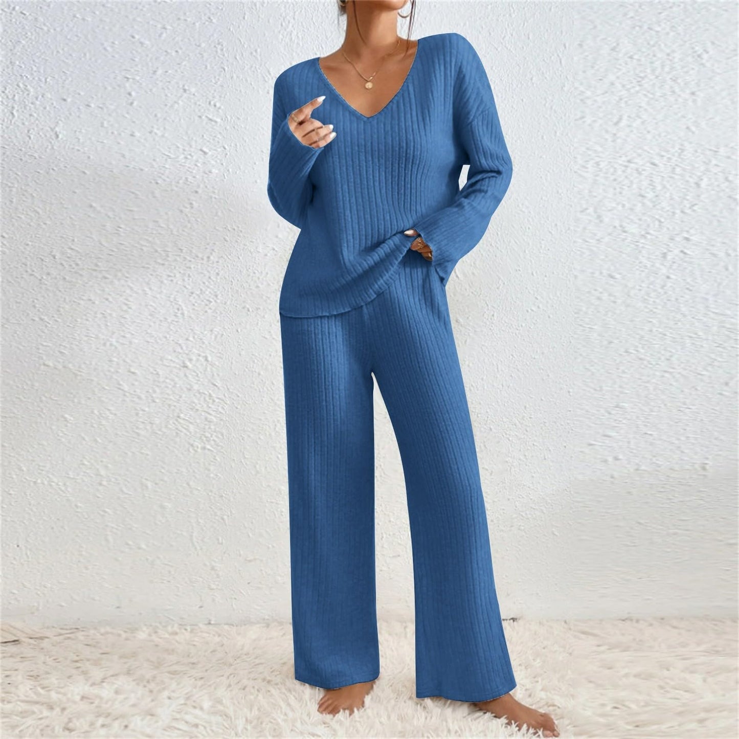 Hausanzug Damen Elegant Gestrickte Loungewear Einfarbig Strickanzug Langarm Schlafanzüge Zweiteiler V-Ausschnitt Homewear Locker Freizeitanzug Outfit Weites Bein Hose mit Taschen Lounge Set