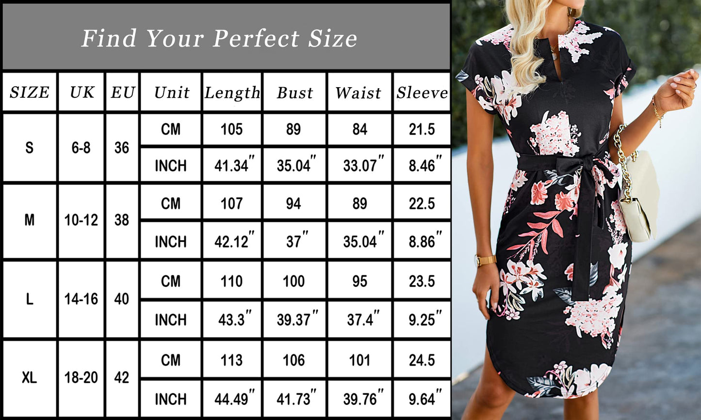 Ajpguot Sommerkleid Damen Elegant Kleider Kurzarm V-Ausschnitt Strandkleid Blumen Knielang Kleid mit Gürtel Partykleid Abendkleid