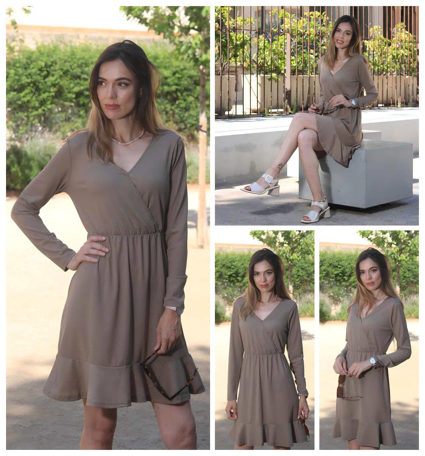 Zeagoo Kleid Damen Weihnachtskleid Elegant Winterkleid Festlich Paillettenkleid Langarm Partykleid V-Ausschnitt Rüschensaum Glitzerkleid Sparkly MidiKleid Cocktailkleid Ballkleid