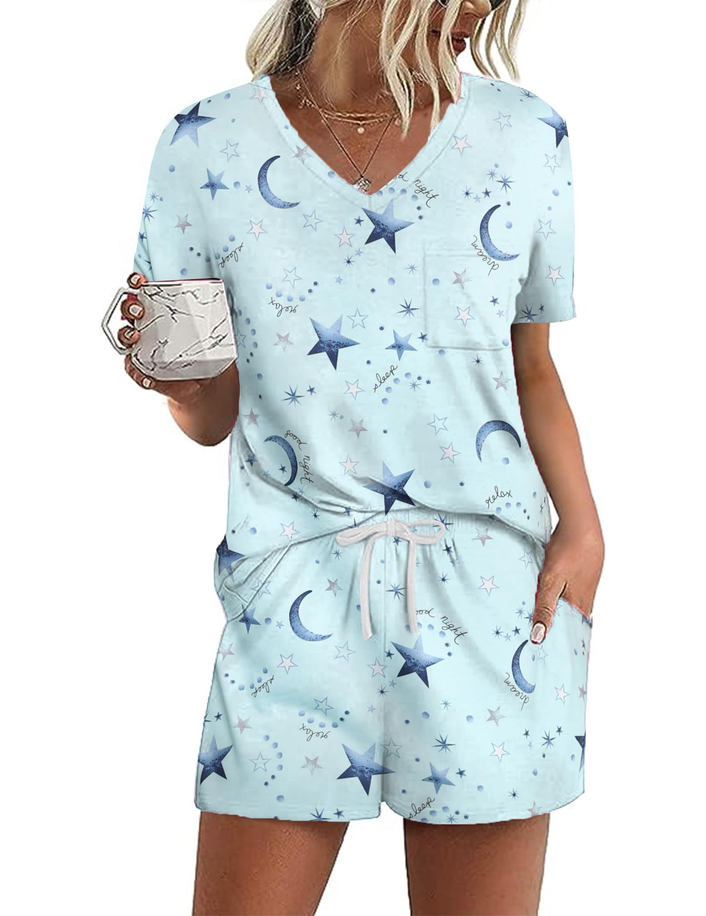 Ekouaer Schlafanzug Damen Kurz Pyjama Set Kurzarm Sommer Nachtwäsche Gedruckt with Taschen S-XXL
