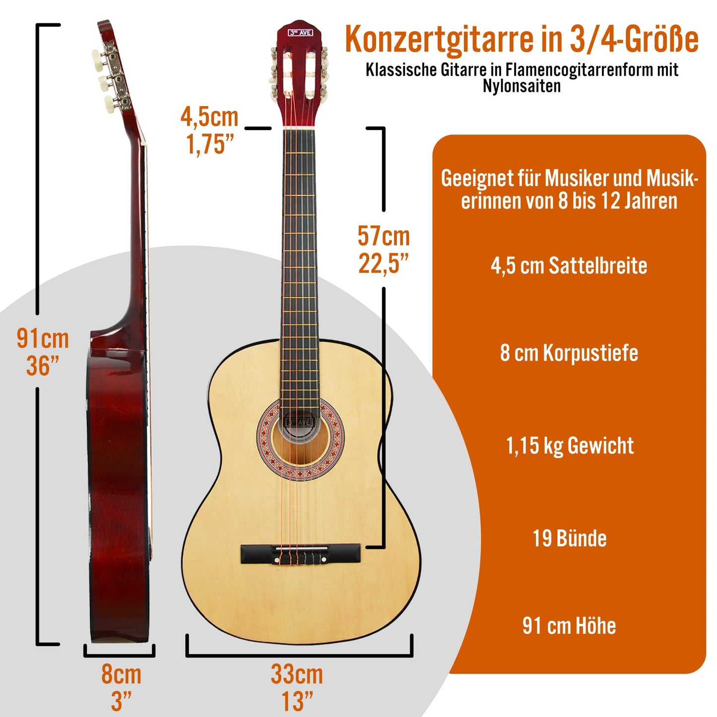3rd Avenue 3/4-Klassikgitarre Für Kinder, Spanische Nylonsaiten, Einsteigerpaket – Rot