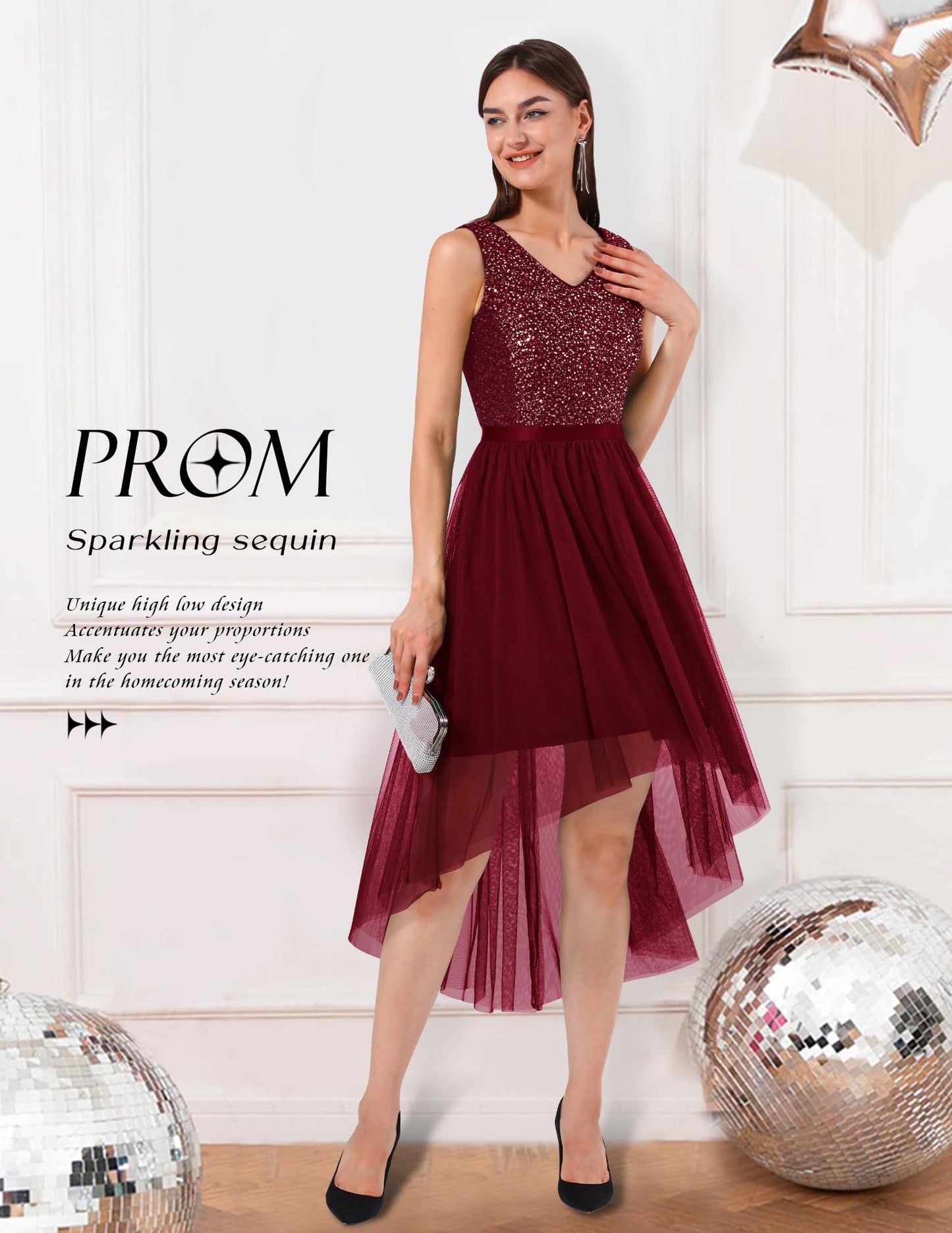 Berylove Kleid Festlich Damen Abendkleid mit Pailletten Cocktailkleid Ballkleid Lang Glitzer V Ausschnitt Ärmellos Tüllkleid