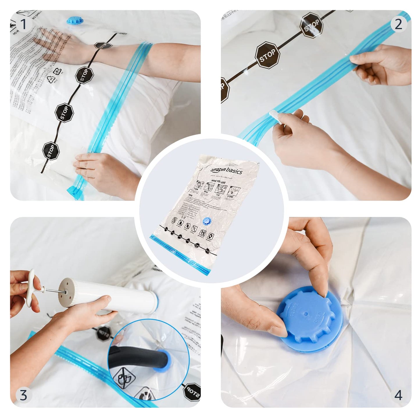 Amazon Basics Vakuumbeutel für Kleidung mit Luftdichtem Ventil und Handpumpe - Jumbo, 6er-Pack, Reißverschluss, Durchsichtig