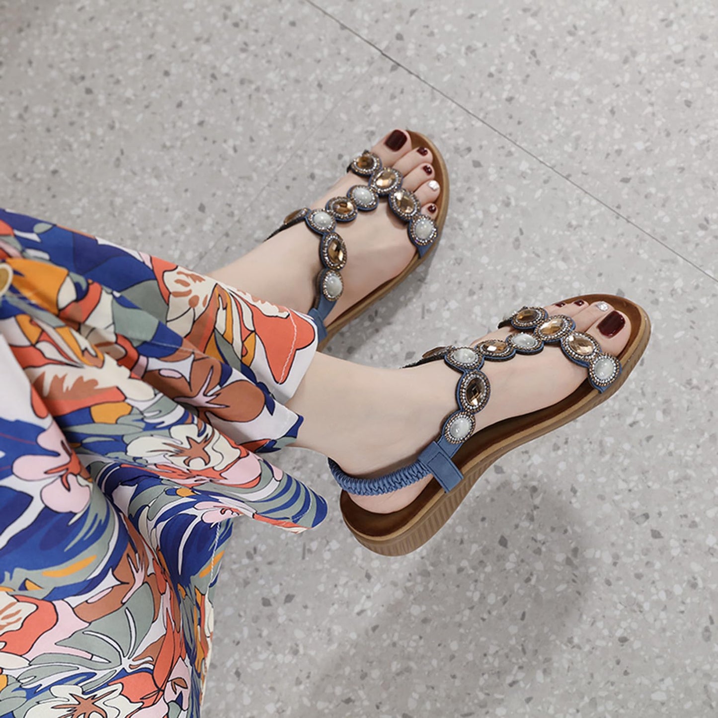 Meik Mangni Damen Sandalen Sommer Bohemian Flache Zehentrenner Strass Sandaletten Strand Schuhe Plattform Flip Flops Gr.36-42