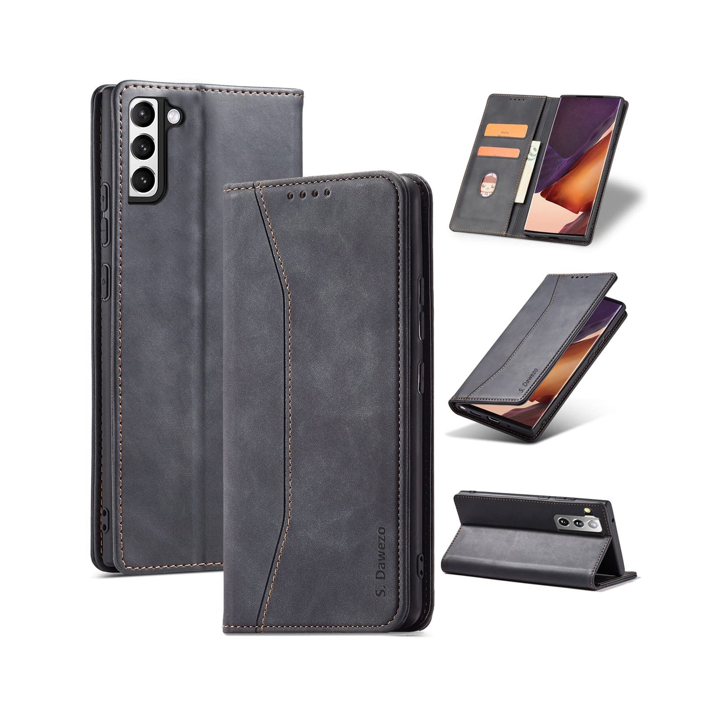 S. Dawezo Hülle für Samsung Galaxy S22 Plus, Premium Leder magnetische Handyhülle mit Ständer, Kartenfach und Brieftasche, Shock Absorbing, kompatibel mit Samsung S22 Plus-Kaffee