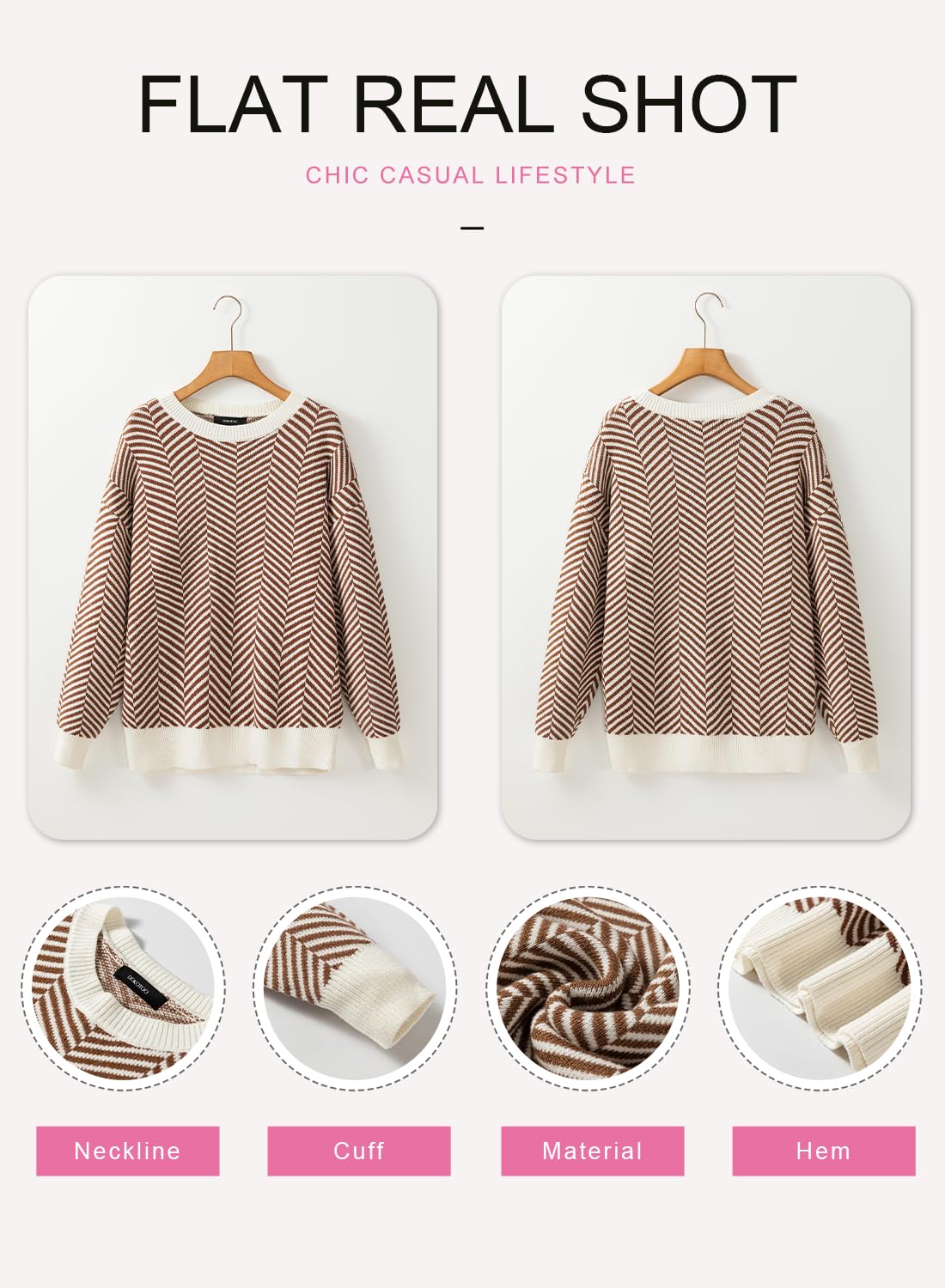 Dokotoo Damen Pullover Elegant Rundhals Gestreifter Strickpullover Warm Herbst Winterpullover Pulli Sweater S-XXL