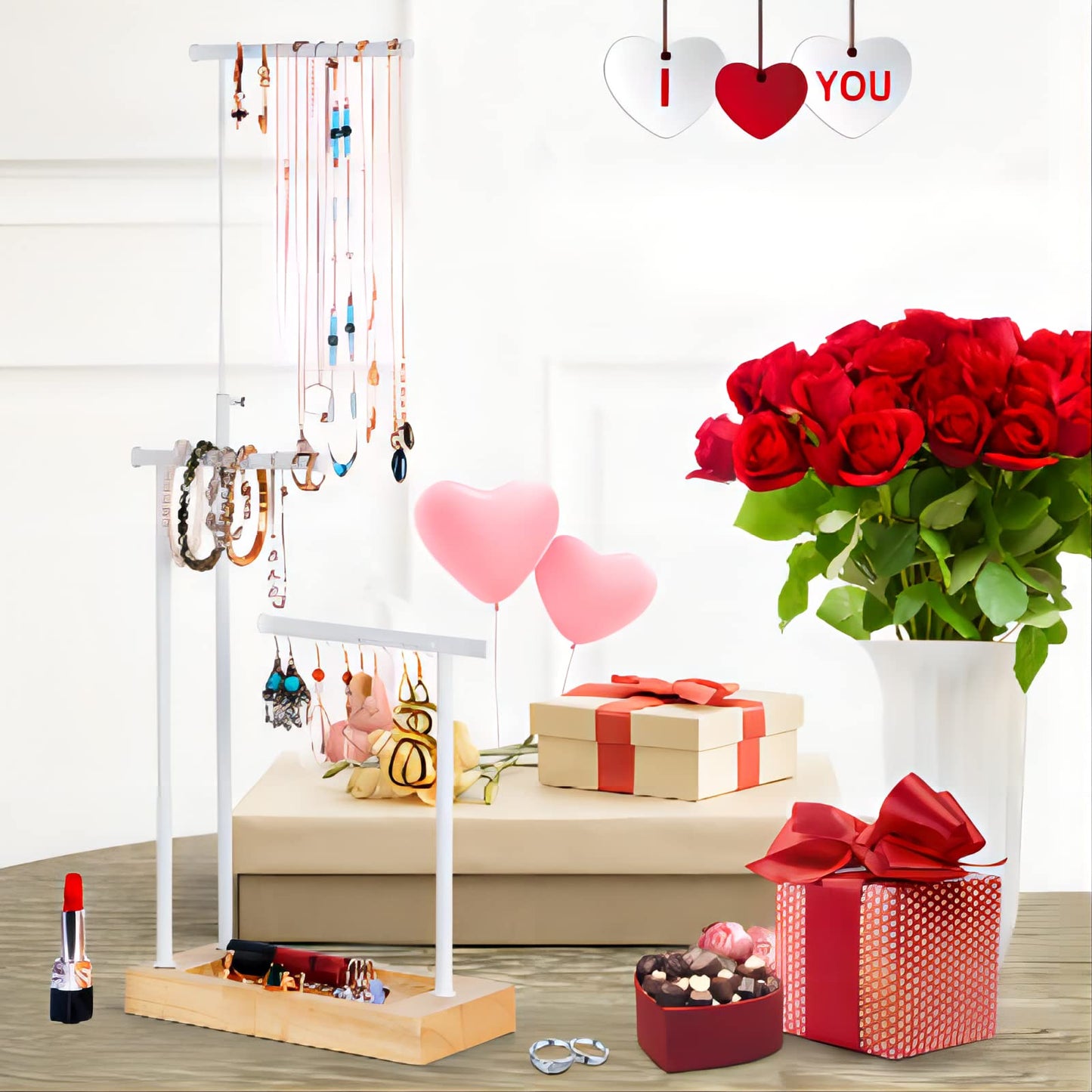 SRIWATANA Schmuckständer Holz Schmuckhalter Kettenhalter 3 Stäbe Drehbar (51cm) Schmuckbaum Schmuckaufbewahrung für Ketten Ohrringen Ringen Uhren und Armbändern