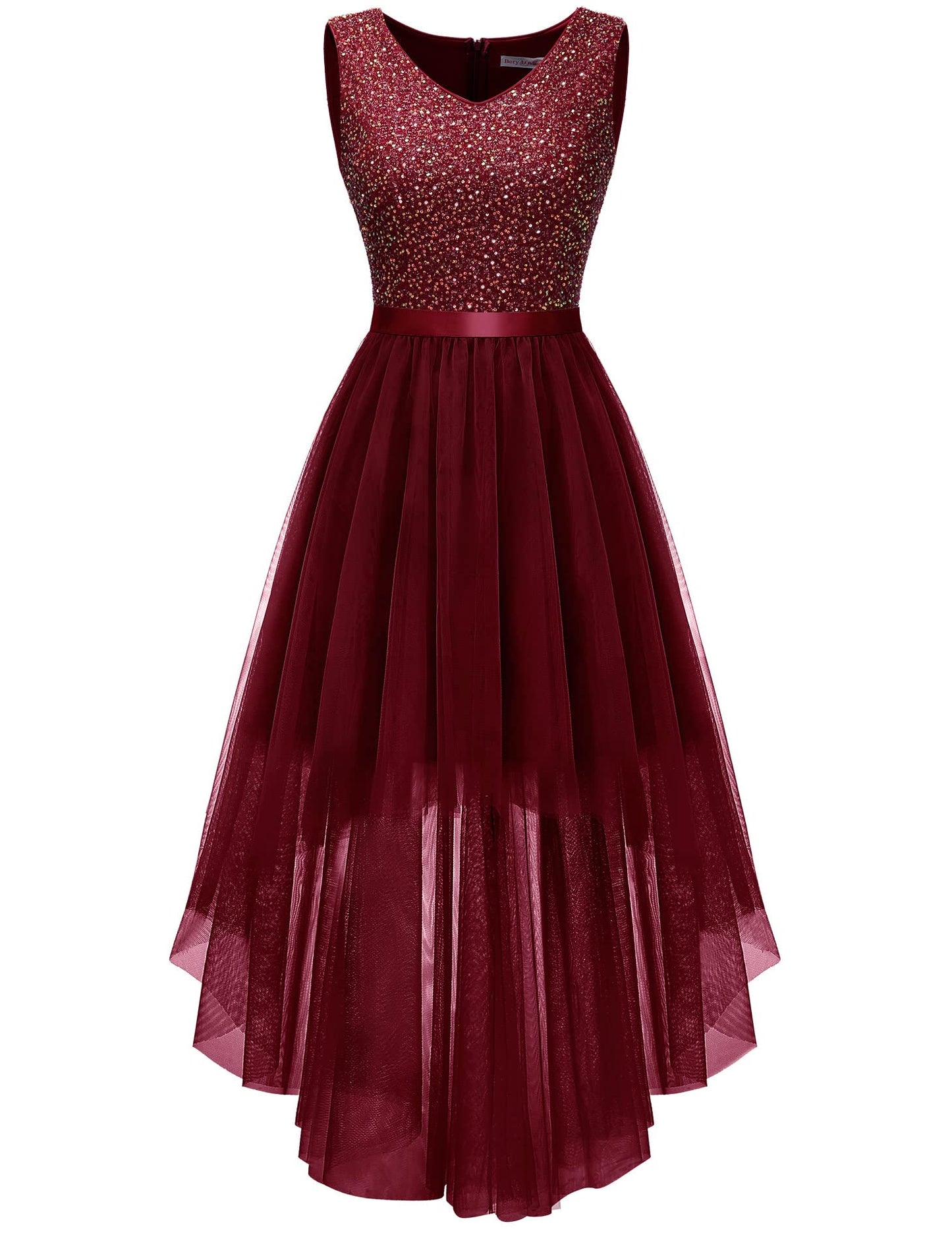 Berylove Kleid Festlich Damen Abendkleid mit Pailletten Cocktailkleid Ballkleid Lang Glitzer V Ausschnitt Ärmellos Tüllkleid