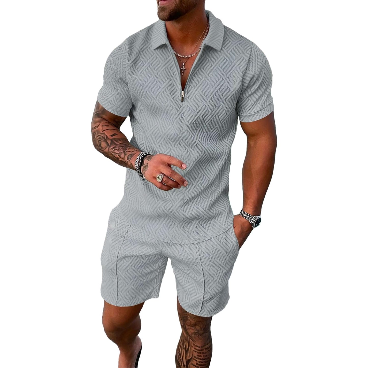 Herren Sportanzug Sommer Trainingsanzug Kurzarm Reißverschluss Top und Shorts Kleidung Set