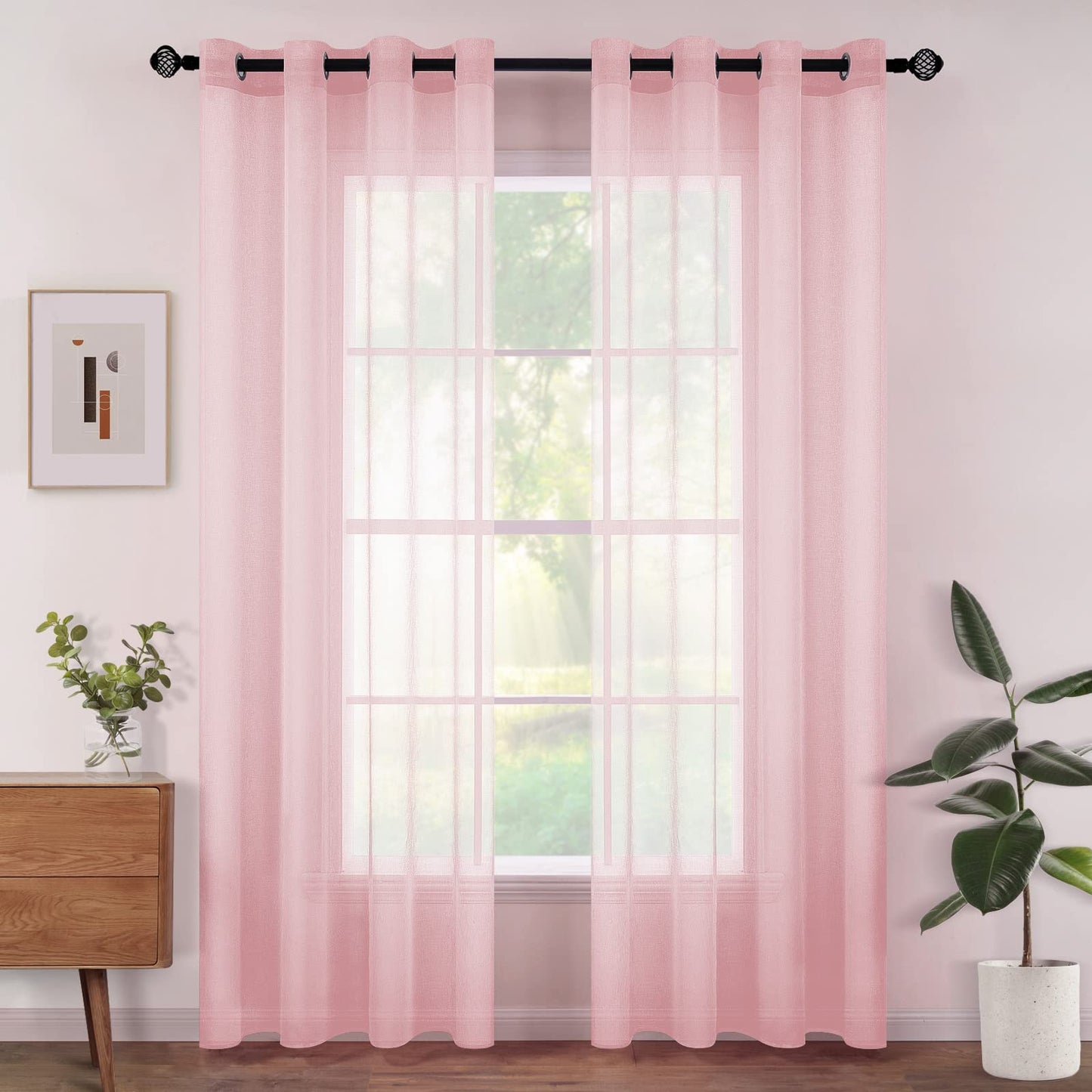 Woaboy Voile Curtains, Short Curtains, Transparent Living Room with Eyelets, Store Curtains for the Bedroom, Eyelet Curtain, Panel Curtain, Loop Curtains, Modern, Set of 2, 140 x 145 cm (W x H), Beige