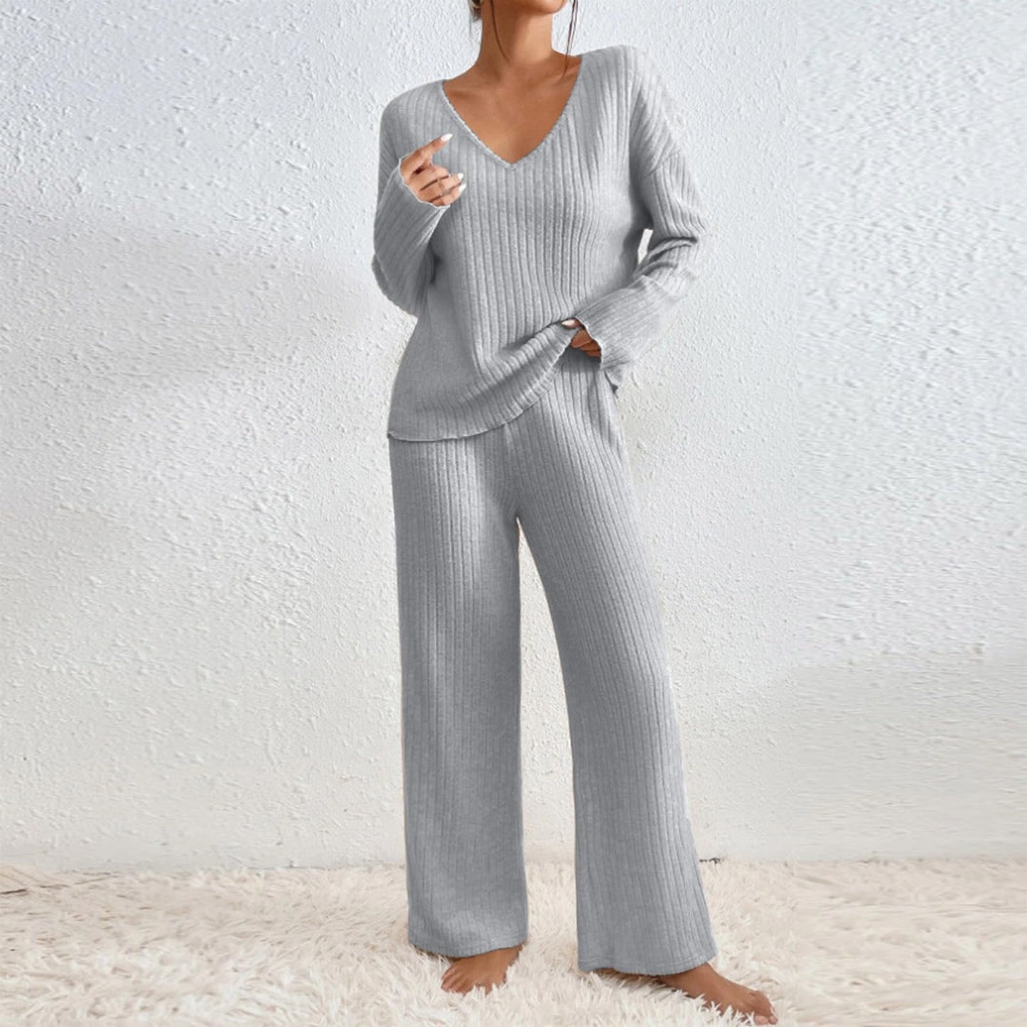 Hausanzug Damen Elegant Gestrickte Loungewear Einfarbig Strickanzug Langarm Schlafanzüge Zweiteiler V-Ausschnitt Homewear Locker Freizeitanzug Outfit Weites Bein Hose mit Taschen Lounge Set