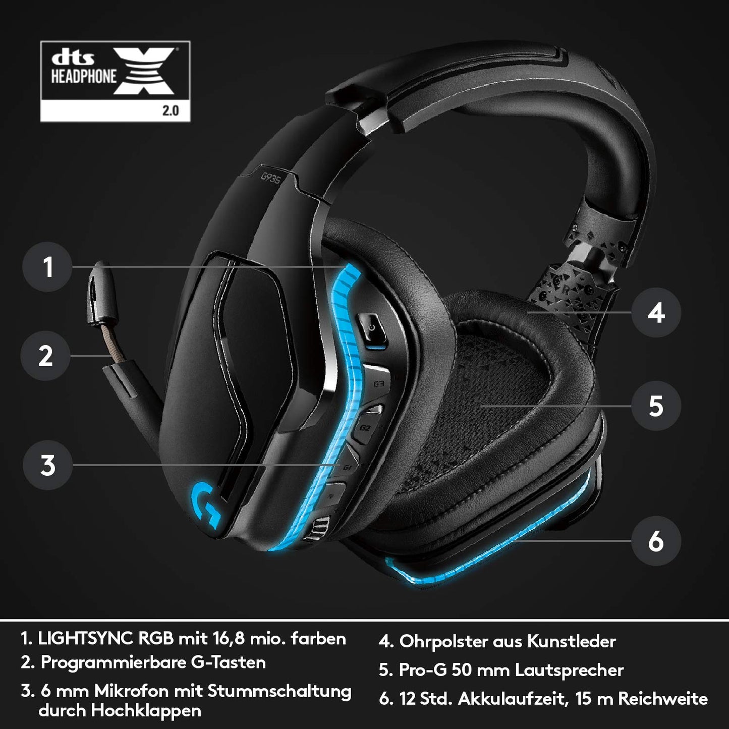 Logitech G935 kabelloses Gaming-Headset mit LIGHTSYNC RGB, 7.1 Surround Sound, DTS Headphone:X 2.0, 50mm Treiber, Flip-Stummschaltung, Wireless Verbindung, PC/Xbox One/PS4/Nintendo Switch - Schwarz