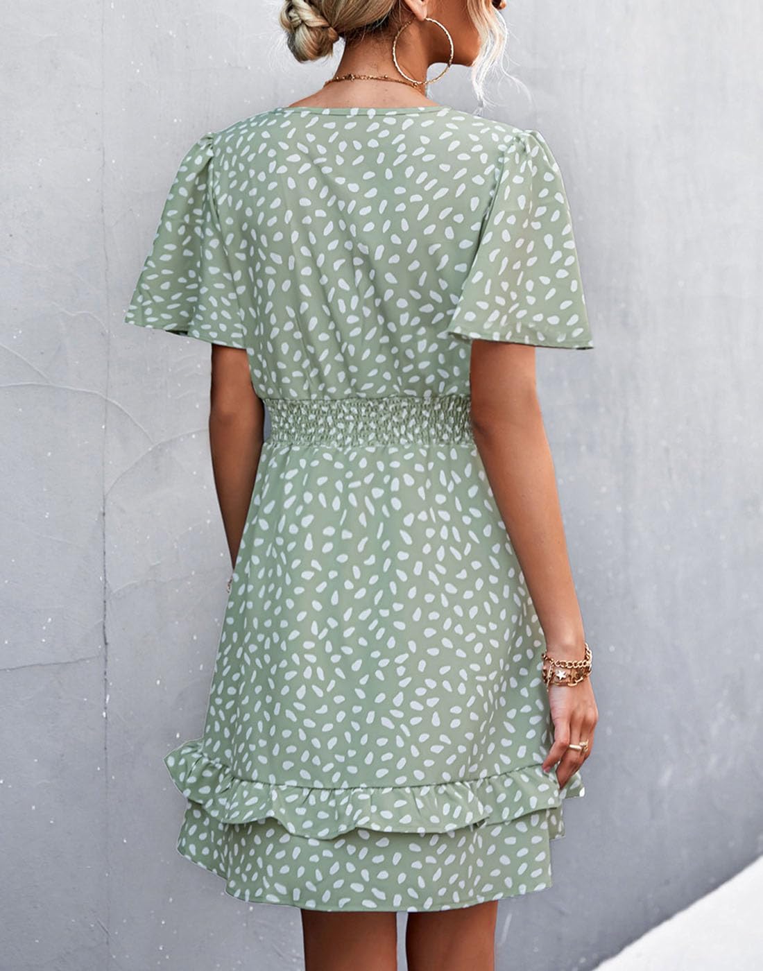 Vangreynve Damen Minikleid V-Ausschnitt A-Linie Kleider Elegant Hohe Taille Langarm Freizeitkleid