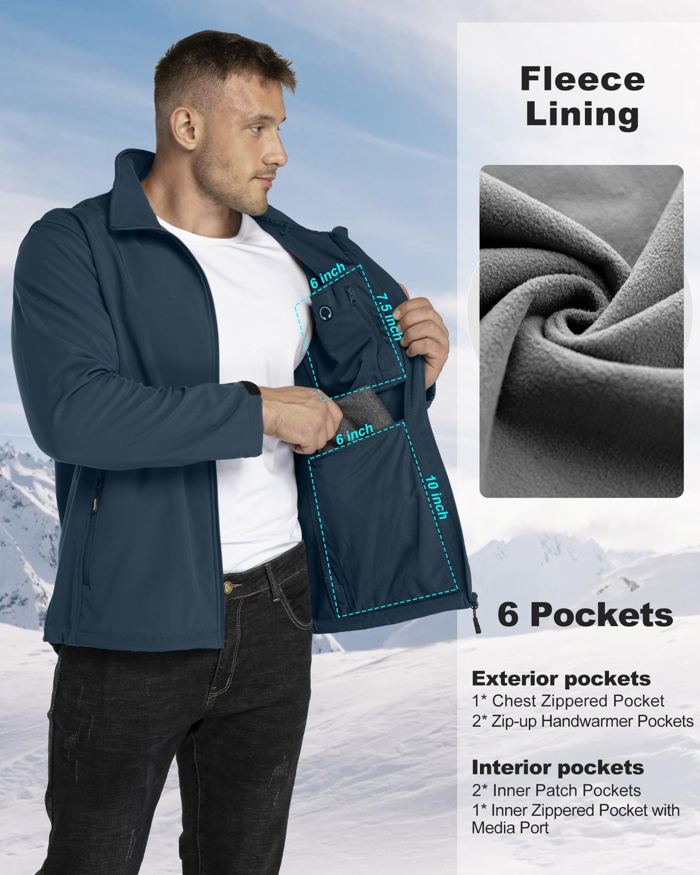 33,000ft Softshelljacke für Herren Wasserdicht Winterjacke Winddicht Warme Fleece Gefüttert Windbreaker Funktionsjacke Outdoorjacke für Wandern Fahrrad Camping