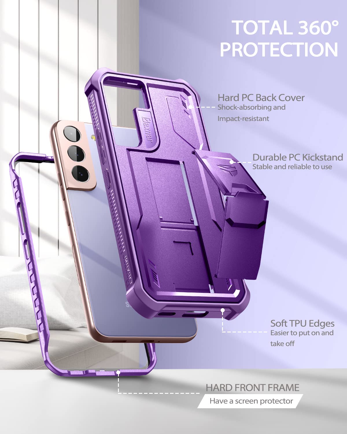 Dexnor Kompatibel mit Hülle Samsung Galaxy S22 Plus 5G mit integrierter Displayschutzfolie Militär-Grad 360 Full Body Shockproof Bumper Protection Cover with Stand - Black