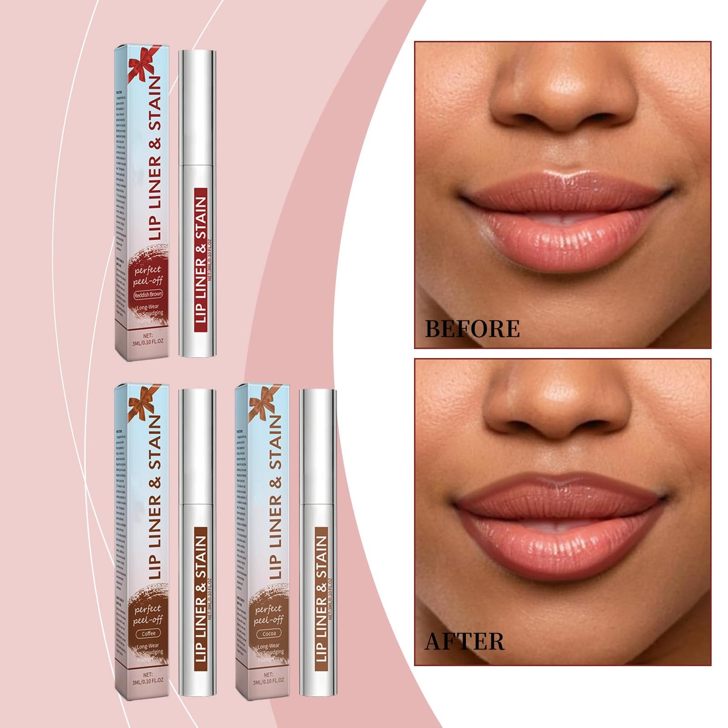 3Pcs Lip Liner Stain, Natural Long Lasting Lip Stain Peel Off, Waterproof Stay On All Day, Transfer-Proof, Highly Pigmented, Abzieh-Lippenstift (Kaffee & Kakao & Rose)