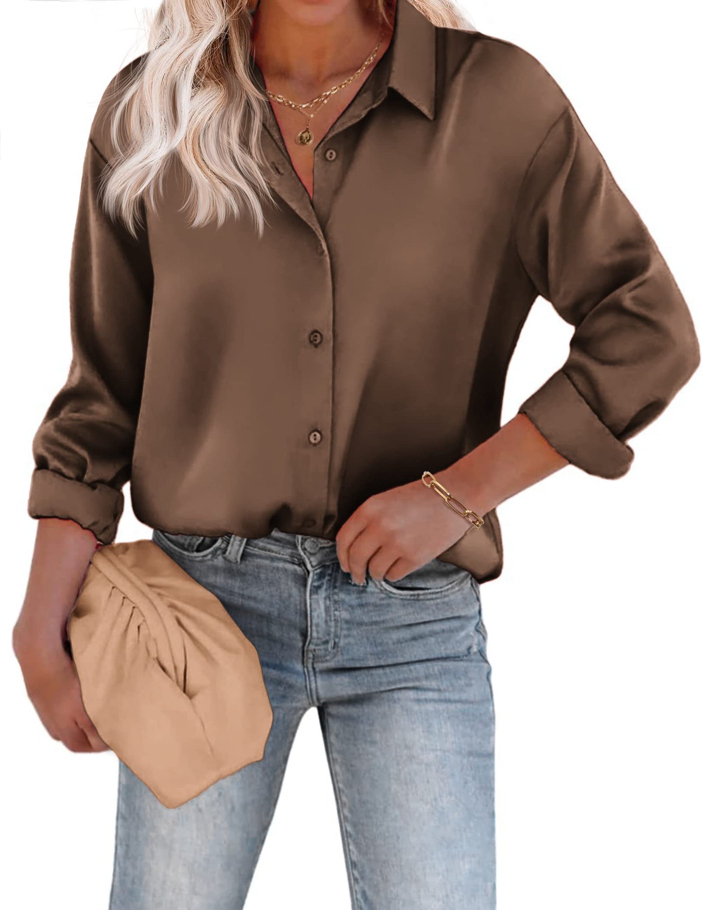 Beyove Damen Bluse Satin Seide V-Ausschnitt Hemden Elegant Langarm Business Oberteile mit Knöpfen Tops Lose Langarmshirt