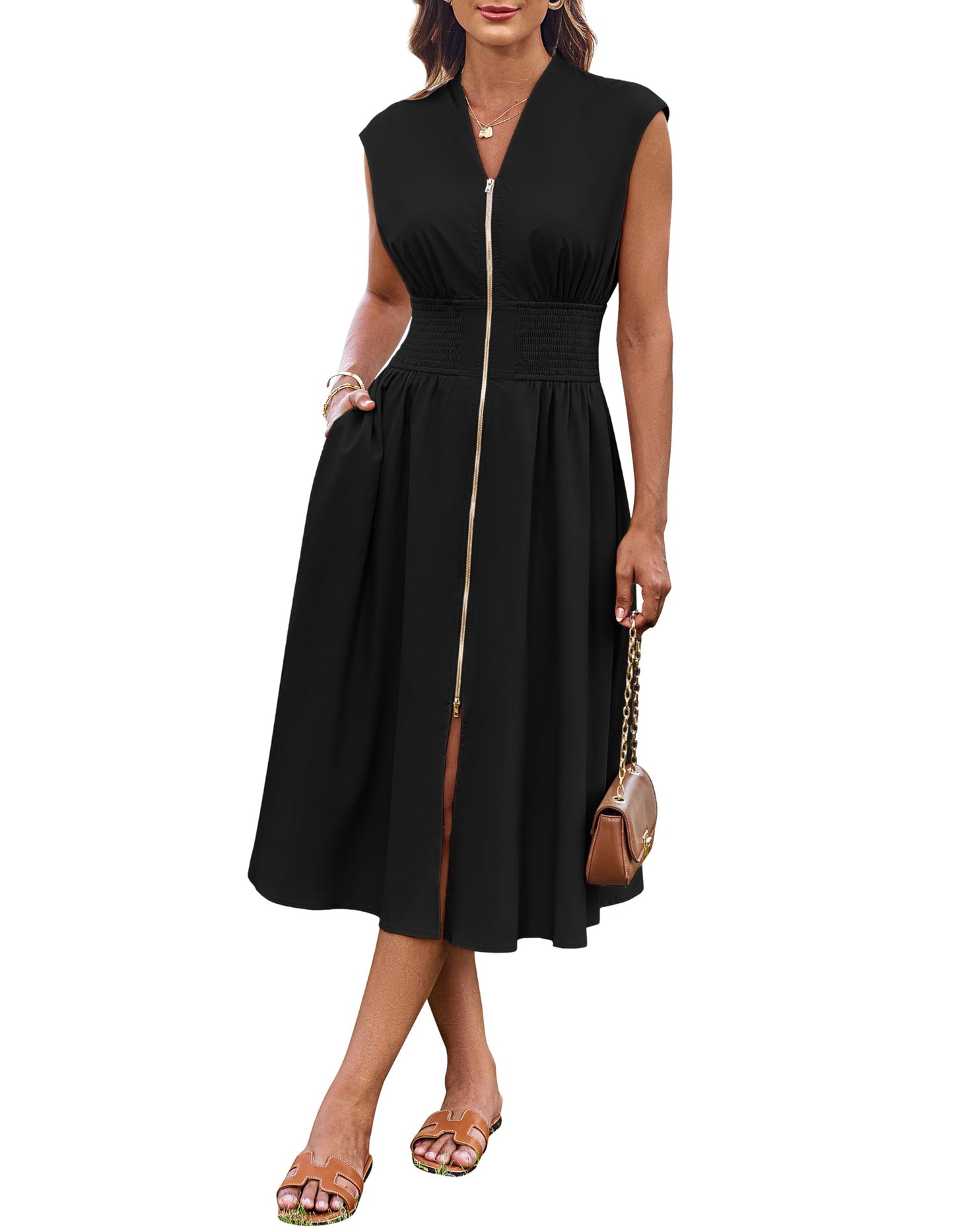 GRACE KARIN Damenkleid mit Reißverschluss vorne V-Ausschnitt A-Linie Cocktail Midi Party Hochzeitskleid mit Tasche