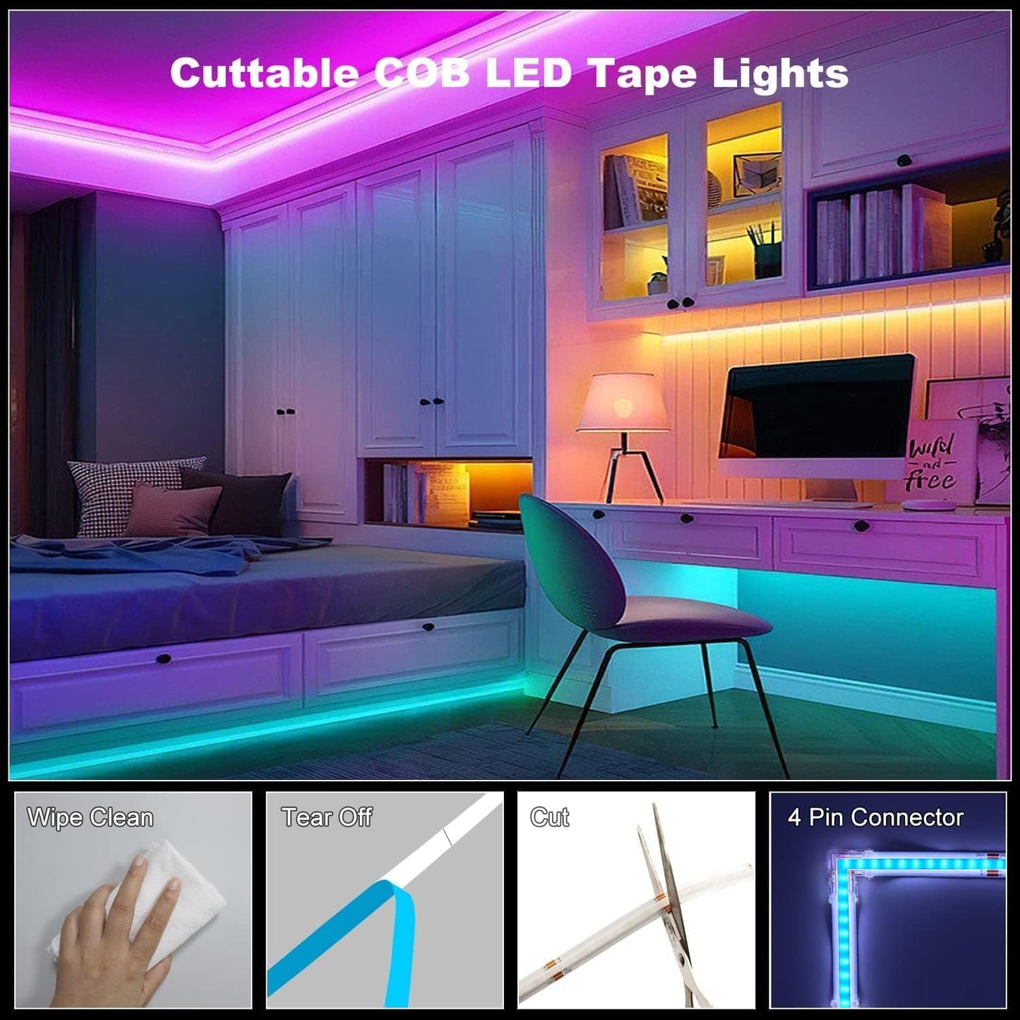 BUNACET COB RGB LED Strip 6M 24V Dimmbar, LED Streifen 3456 LEDs, Leiste Band Stripes Lichtband mit Netzteil RF Fernbedienung & APP Bluetooth für Küche Schlafzimmer Deko
