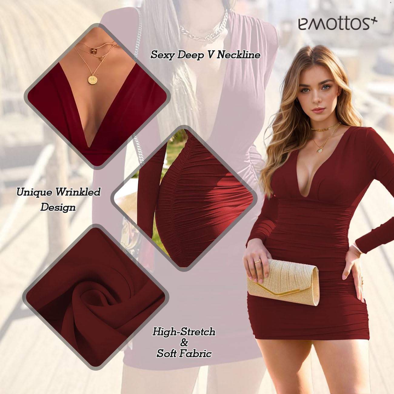 EMOTTOS Frauen Mini Wrap Dress, Sexy Hip-Hugging Ruched Kleider, Weicher tiefer V-Ausschnitt/One-Shoulder Langärmeliges Bodycon Bleistiftkleid, Mini Tube Club Cocktail Party Kleid(2 Style, S-L)