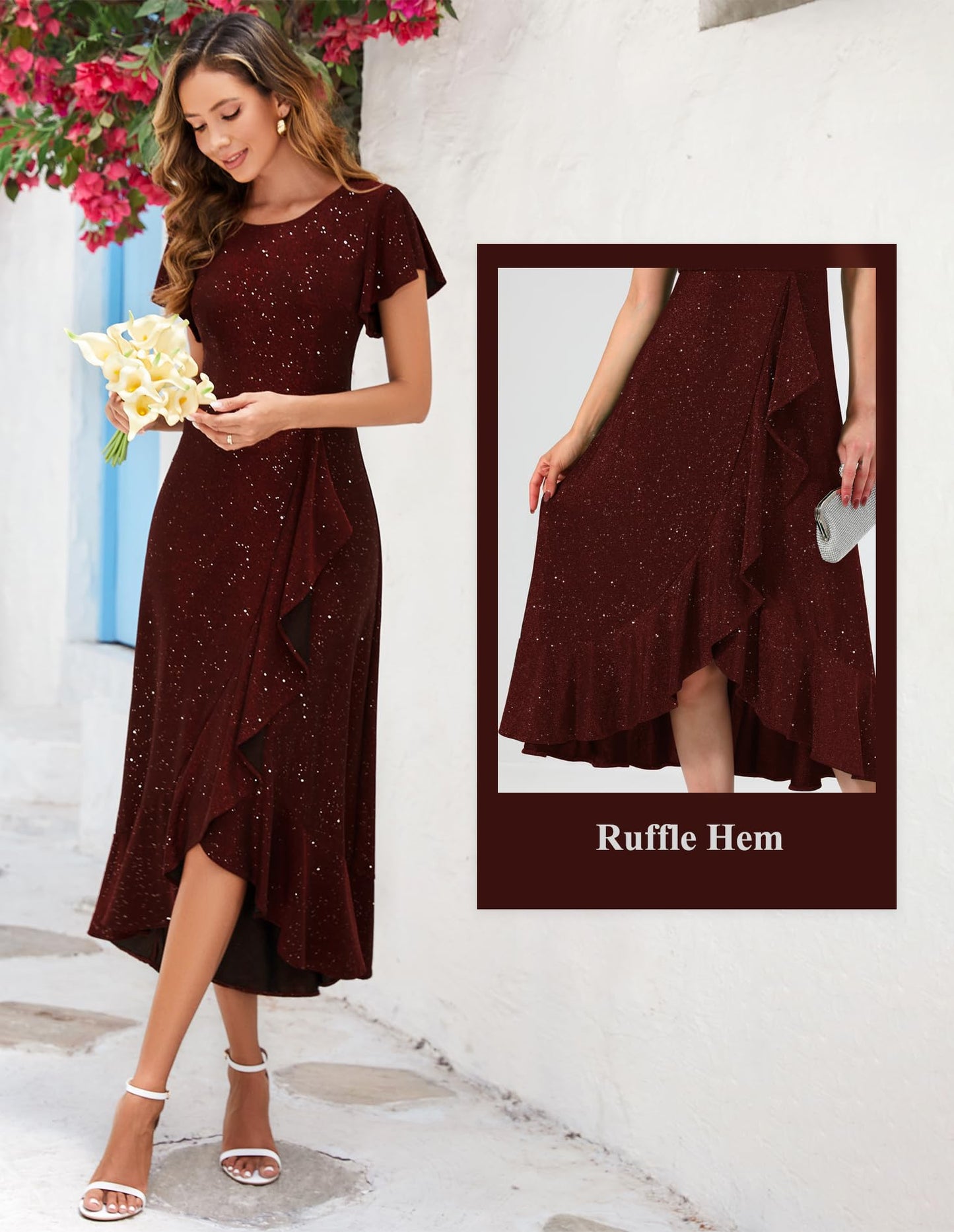 Berylove Damen Abendkleid Lang Glitzer Ballkleid mit Rüschen Saum Kleid Festliche Kleider für Hochzeit Partykleid