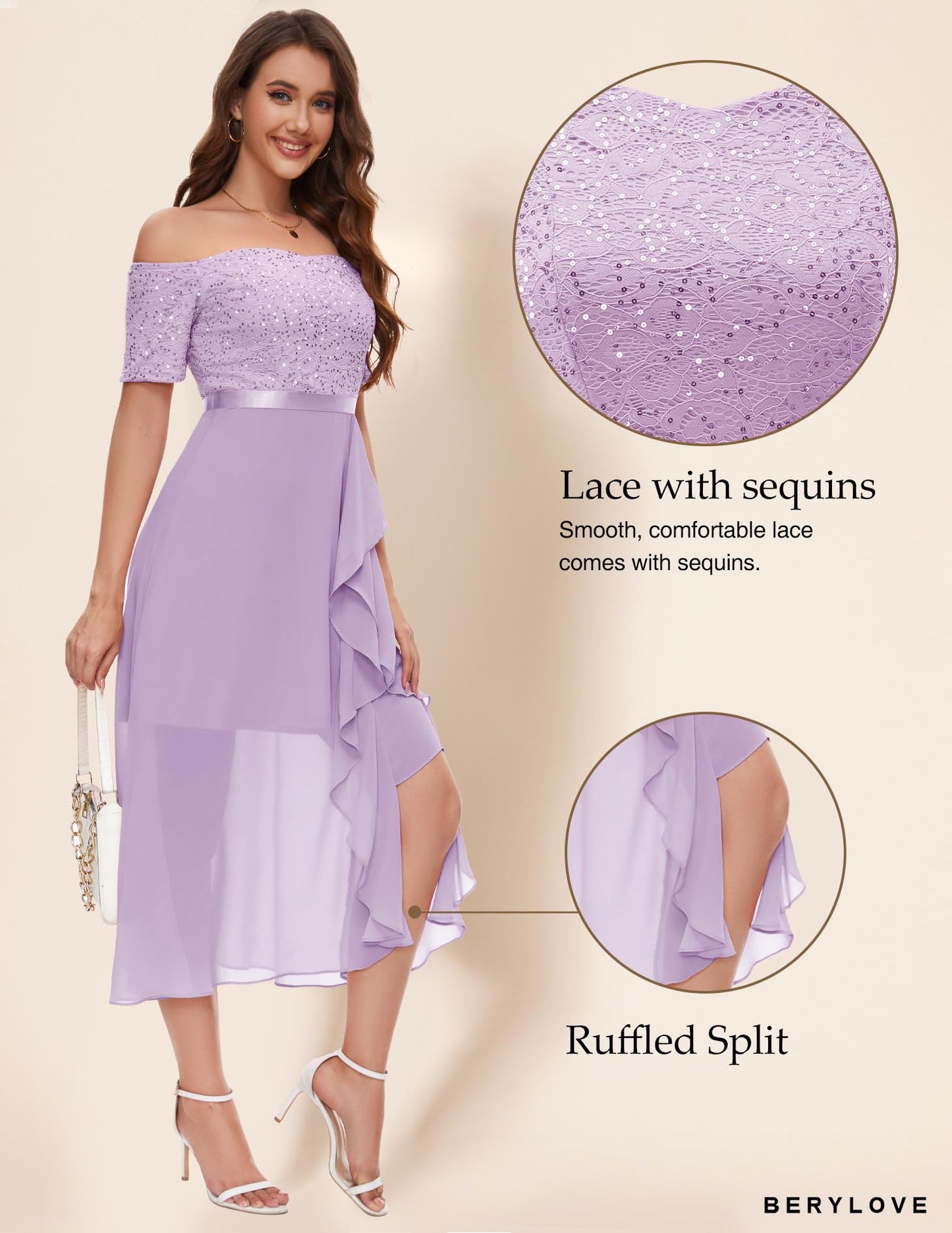 Berylove Abendkleid Damen Lang Glitzer Kleid Cocktailkleid Elegant für Hochzeit Off Shoulder Kleid Ballkleid