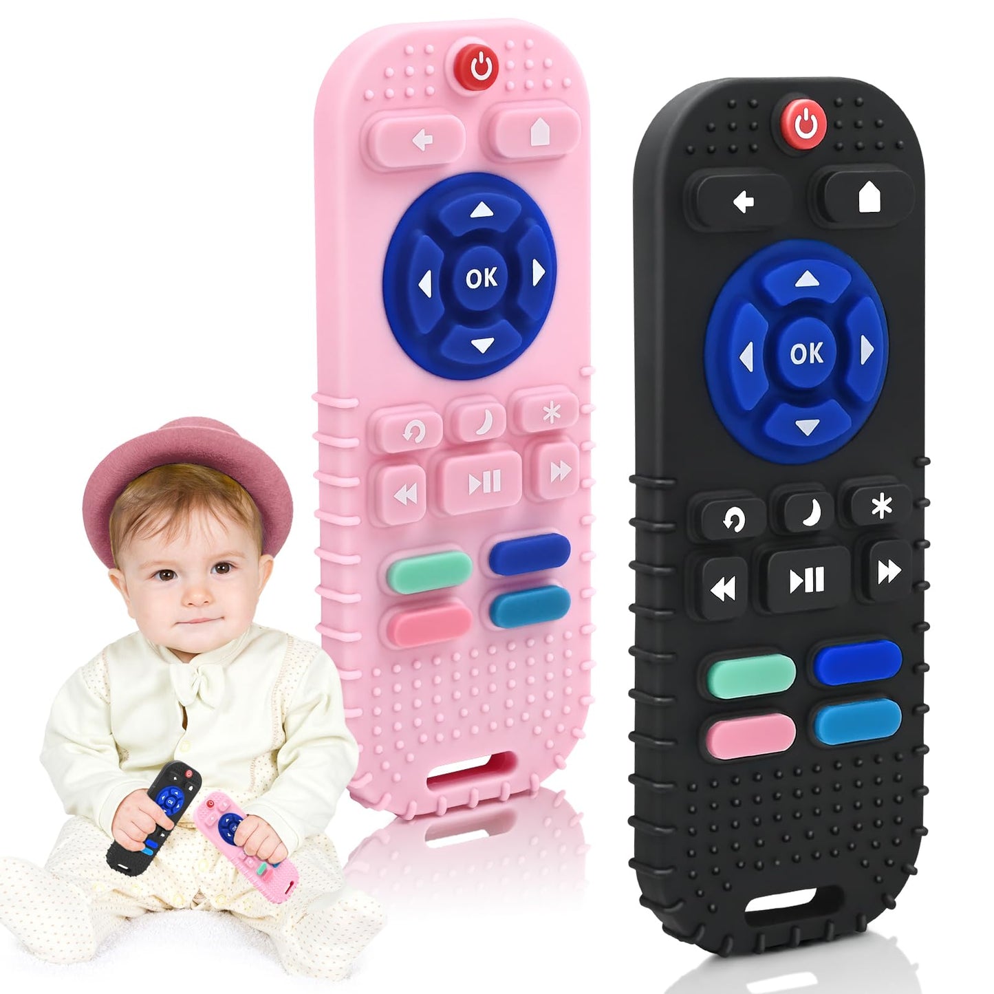 Zahnen Beißringe Spielzeug für Babys 0-6-12 Monate Geschenke, Fernbedienung Baby Zahnungshilfe für 3 6 9 Monate Kleinkind Autismus, Lebensmittelqualität Silikon Badespielzeug, Schwarz