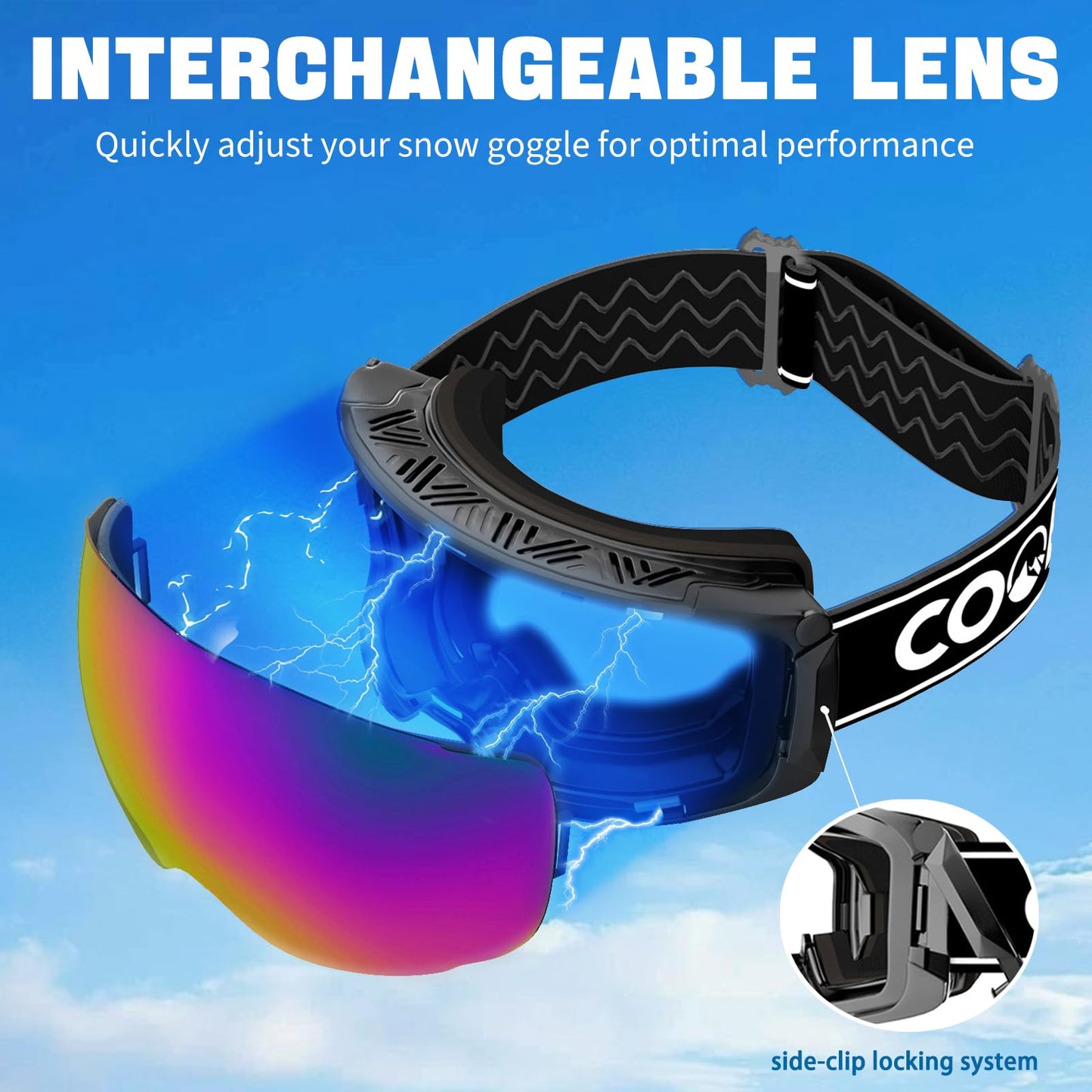 COOLOO Ski Goggles Men Women Teenagers Magnetic OTG Frameless Anti-Fog Protection with 100% UV Protection