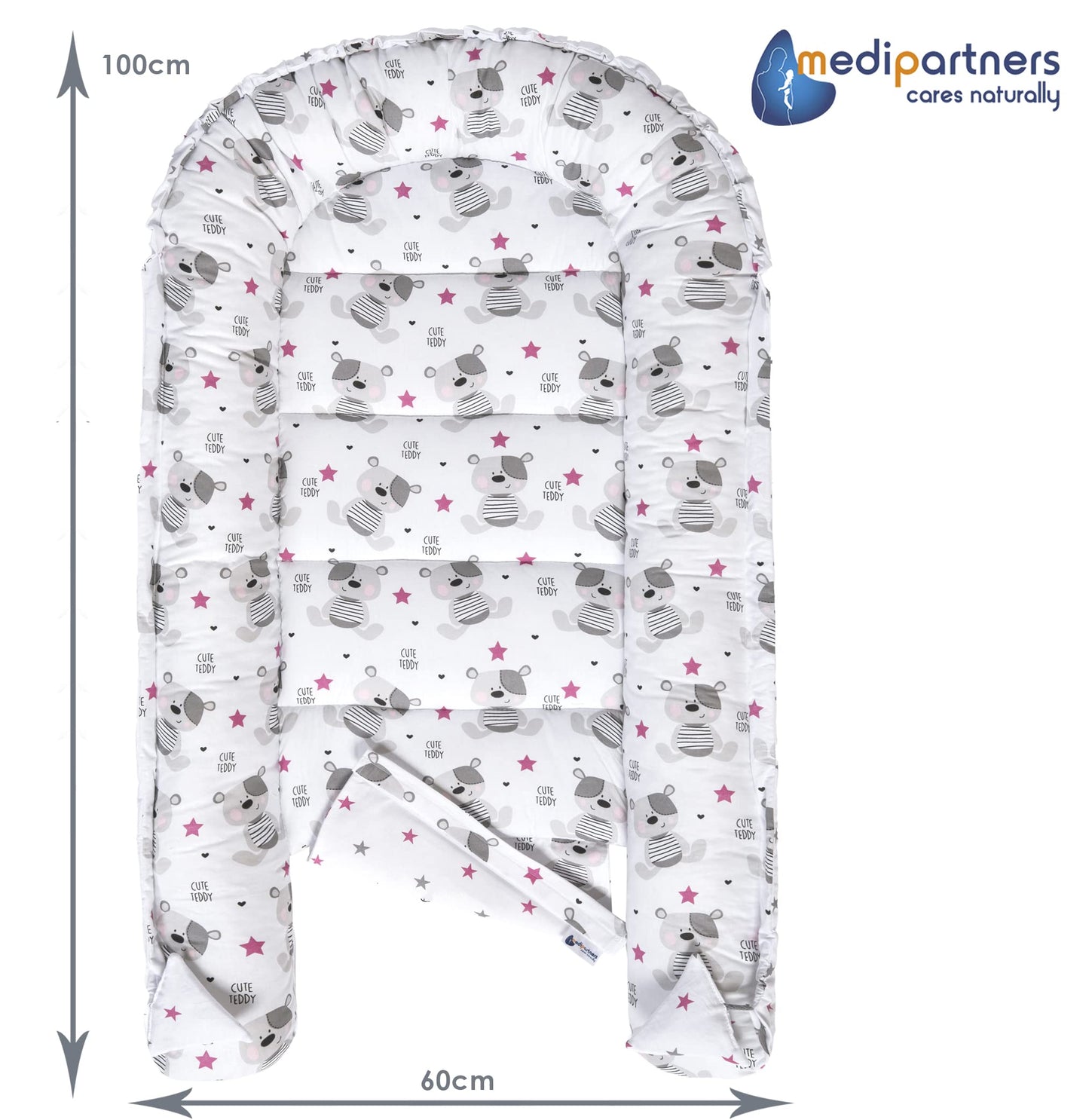 Medi Partners Babynest Nestchen Baby Set für Neugeborene - 100x60x15 Kuschelnest 5 teilig tragbar Nest zweiseitig Babynestchen Bett 100% Baumwolle (Lichtung mit grauem Minky)