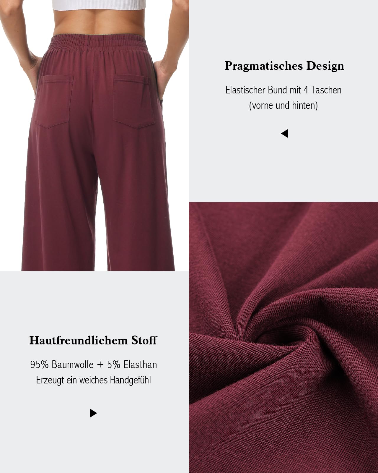 Damen 3/4 Culotte Hose leicht Sommerhose aus Baumwolle Jogginghose mit Taschen