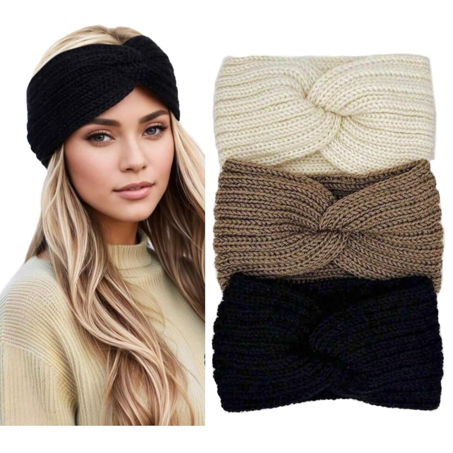 Women's Winter Headband, Women's Knitted Headband Wide, Ear Warmers, Thick Headbands, Girls, Knitted Headwrap Headband, Elastic, Pack of 3