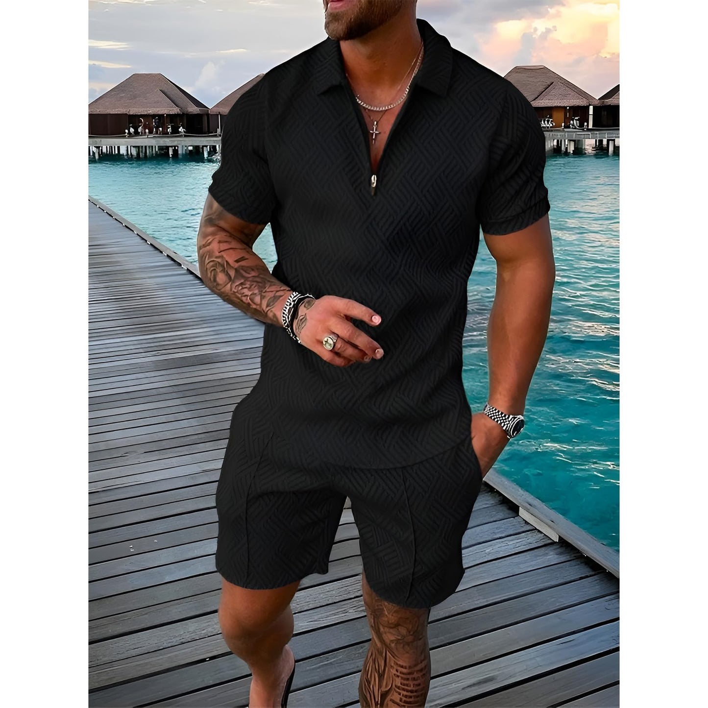 Herren Sportanzug Sommer Trainingsanzug Kurzarm Reißverschluss Top und Shorts Kleidung Set