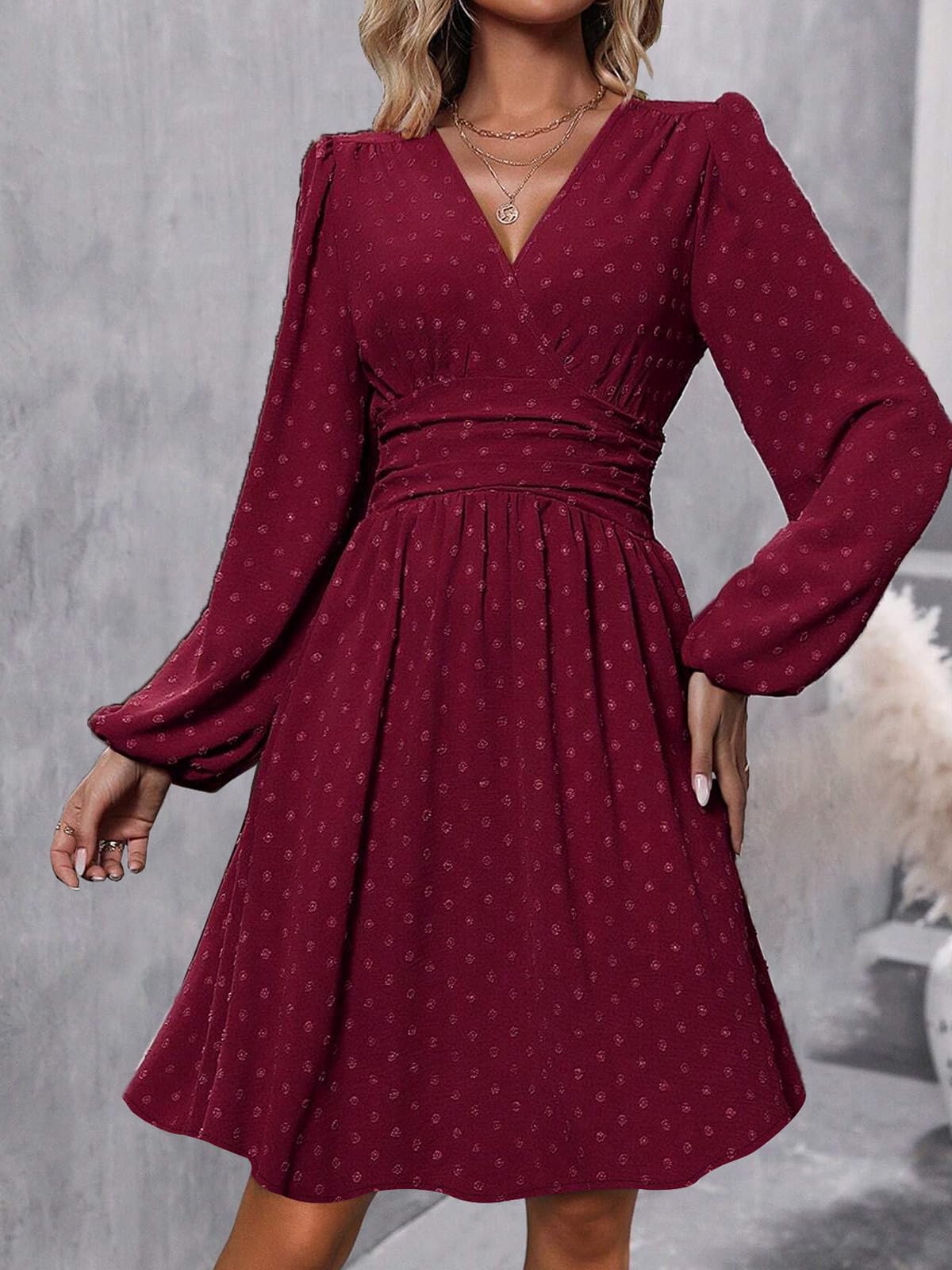 LIAMERHE Damen Elegant Kleid Langarm/Kurze Ärmel V-Ausschnitt Casual Kleider A-Linie Blumenmuster Minikleid Freizeitkleider Sommer Herbst Winter Laternenärmeln Kleid Partykleid