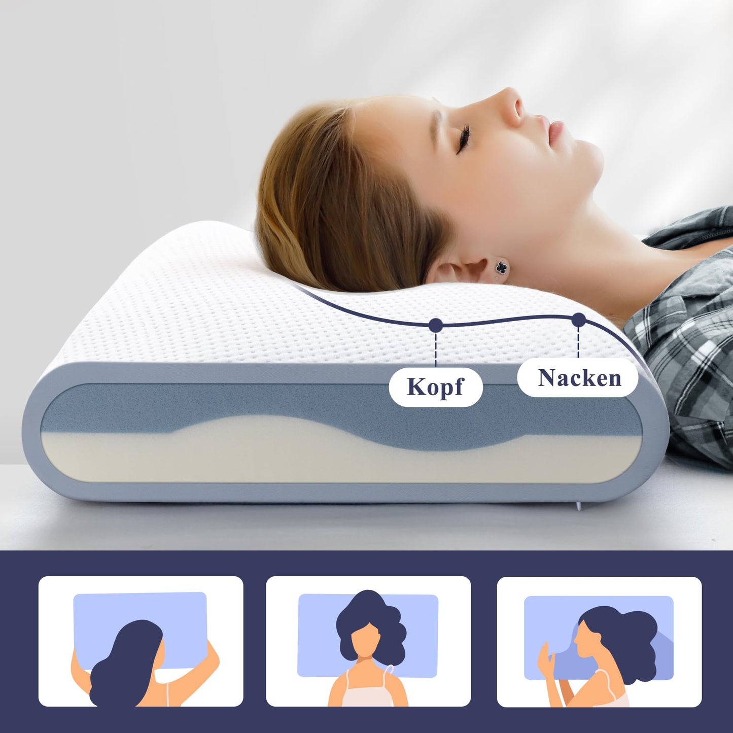 BedStory Kopfkissen, Gel Memory Foam Kissen, Orthopädisches Kissen, Visco Kissen, Nackenstützkissen mit 2 Härte, Ergonomisches Kopfkissen mit Waschbarem Bezug, 40x60x11cm, blau