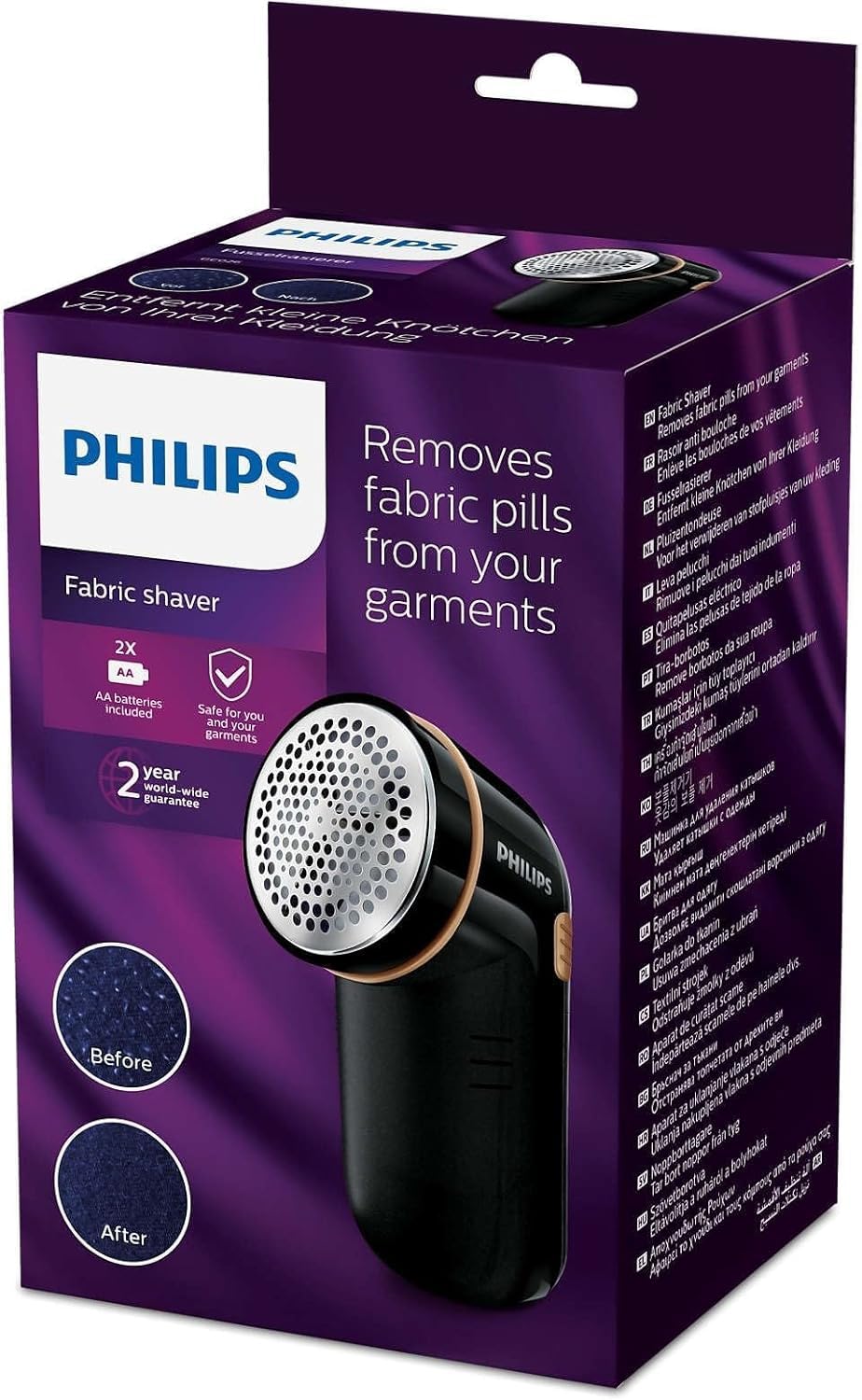 Philips Fusselentferner für alle Kleidungsstücke, entfernt kleine Knötchen, 2 Höheneinstellungen, batteriebetrieben (2 Philips AA-Batterien inkl.), 8 x 12.3 x 5.8 cm, schwarz-Gold (GC026/80)