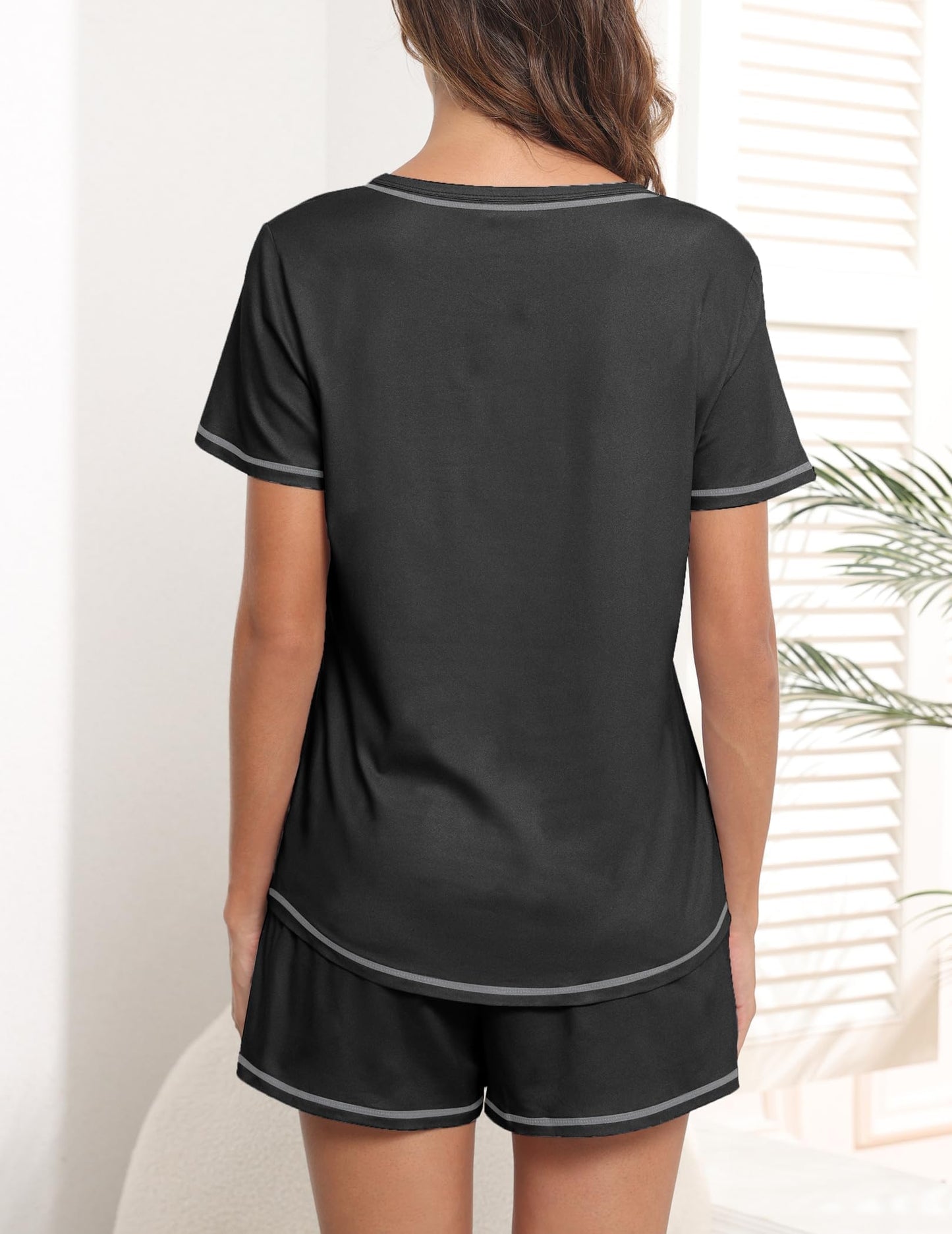 Ekouaer Schlafanzug Damen Kurz Pyjama Set Kurzarm Sommer Nachtwäsche Gedruckt with Taschen S-XXL
