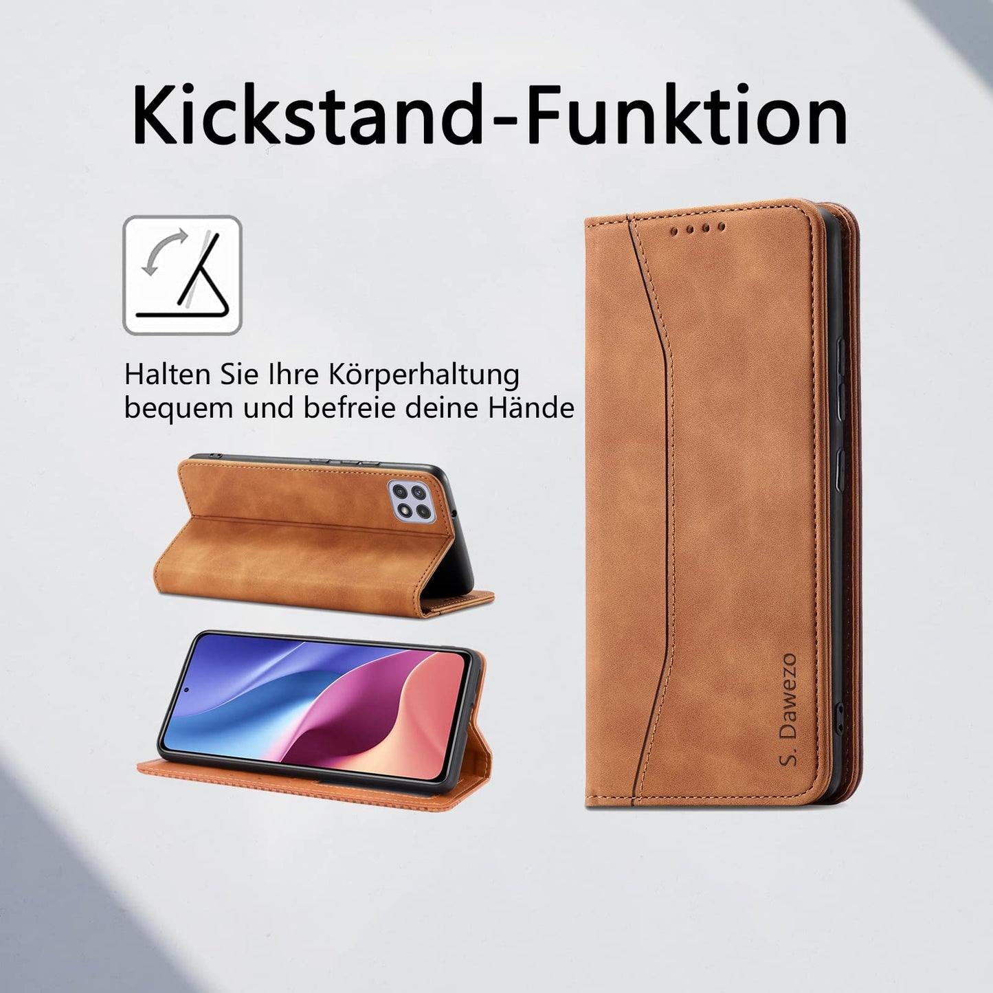 S. Dawezo Hülle für Samsung Galaxy S22 Plus, Premium Leder magnetische Handyhülle mit Ständer, Kartenfach und Brieftasche, Shock Absorbing, kompatibel mit Samsung S22 Plus-Kaffee
