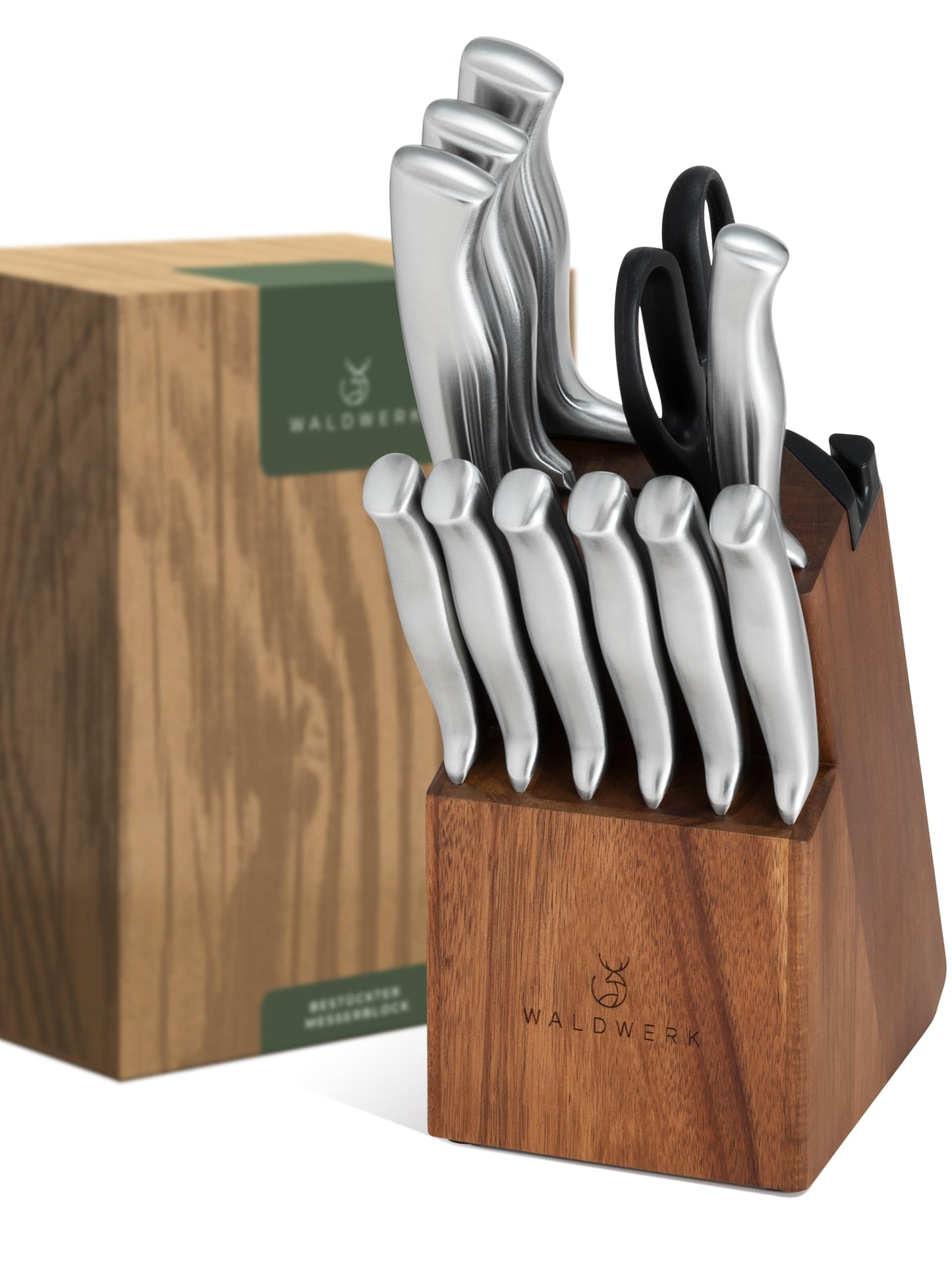 WALDWERK Küchenhelfer Set aus Teakholz - 4 teiliges Kochlöffel Set mit Pfannenwender, Holzlöffel, Nudelschöpfer und Halterung - Kochlöffel Holz - Pfannenwender Holz - Kochutensilien Set
