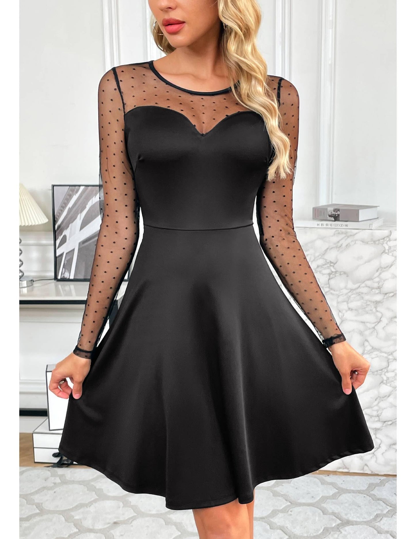 Zeagoo Kleid Damen Elegant Spitze A Linie Partykleid Hohe Taille Cocktailkleid Minikleid Festliches Kleid Einfarbig Mesh Kleid Sexy Swing Kleider S-XXL