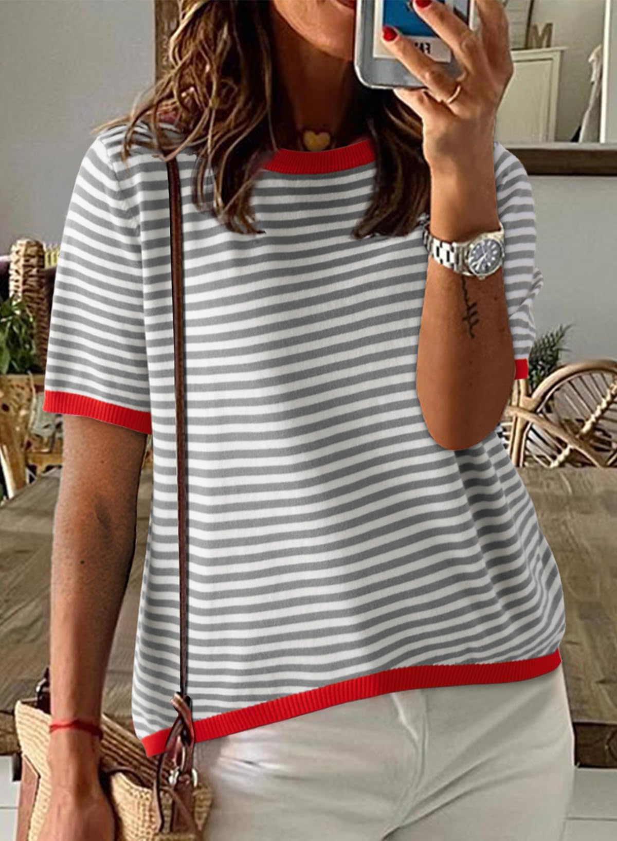 Cuptacc Tshirt Damen Baumwolle Shirt Damen Oberteile Sommer Gestreiftes Rundhals Basic Tops Kurzarm Tunika Damen Blusen Elegant Weiß Schwarz