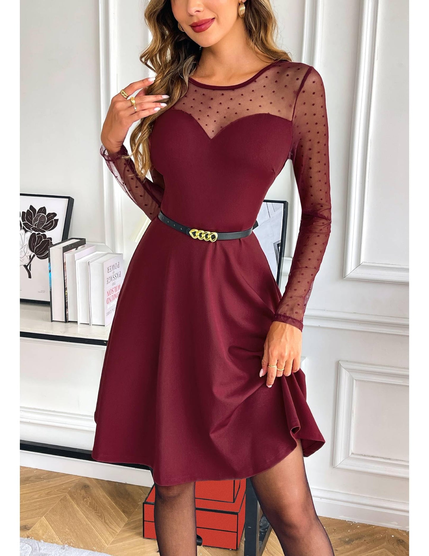 Zeagoo Kleid Damen Elegant Spitze A Linie Partykleid Hohe Taille Cocktailkleid Minikleid Festliches Kleid Einfarbig Mesh Kleid Sexy Swing Kleider S-XXL