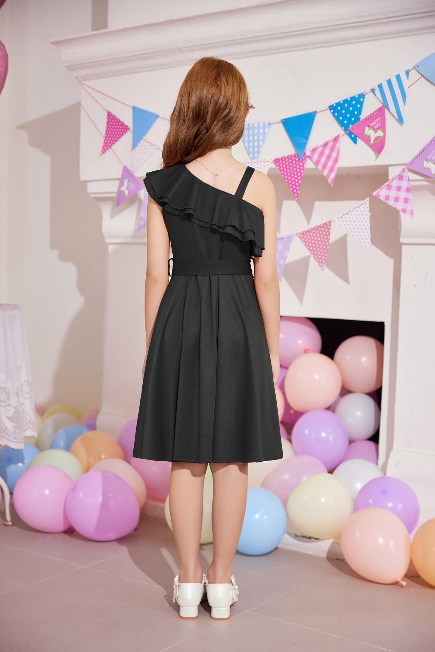 Arshiner Mädchen Kleider Eine-Schulter Kinderkleider Sommer Festliches Kleid Rüschenkragen Elegant Partykleider Swingkleid mit Gürtel ärmelloses Kleid für Mädchen 5-13 Jahre