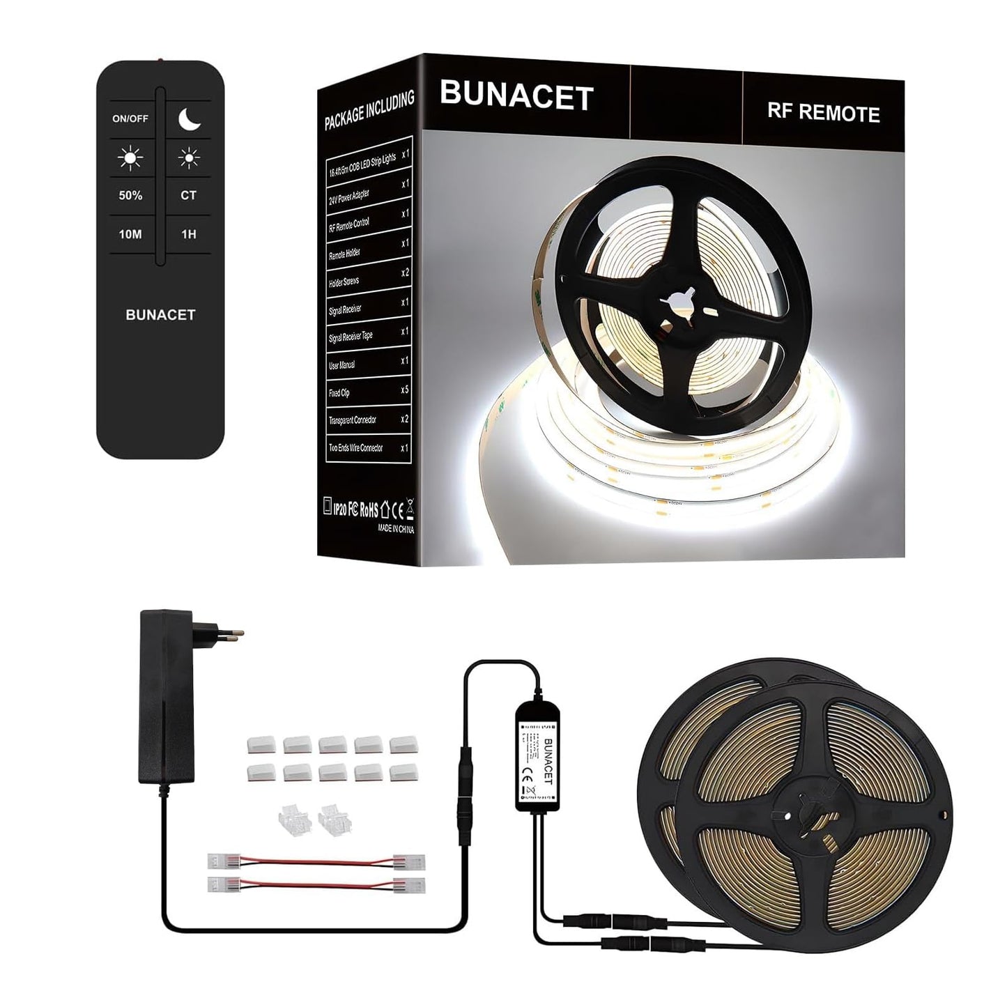 BUNACET COB RGB LED Strip 6M 24V Dimmbar, LED Streifen 3456 LEDs, Leiste Band Stripes Lichtband mit Netzteil RF Fernbedienung & APP Bluetooth für Küche Schlafzimmer Deko
