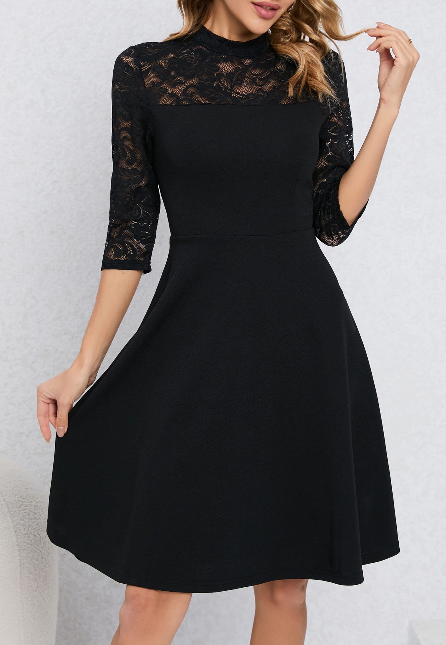 HOMEYEE Damen Elegant Spitze 3/4 Ärmel Rockabilly Kleid Retro Knielang Cocktailkleid für Hochzeit A368