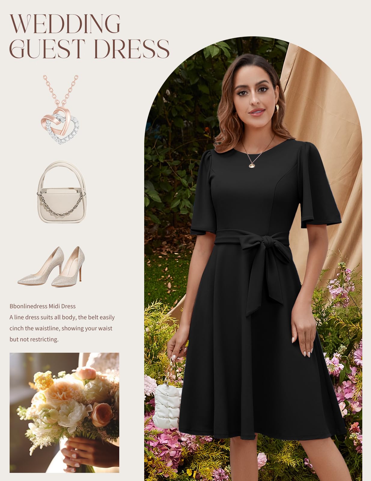 Bbonlinedress Cocktailkleid Damen Kurzarm midilang festlichs Kleid mit Gürtel Abendkleider elegant für Hochzeit Partykleider