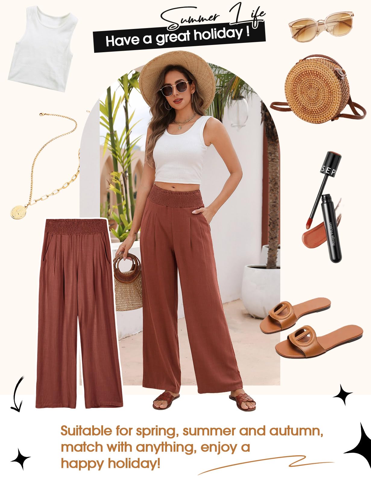 Niwicee Leinenhose Damen Sommer Baumwolle Leinen Hose High Waist Geradem Lose Casual Sommerhose mit Taschen Elastisch Hohe Taille Freizeithose Strandhose Lang Leichte