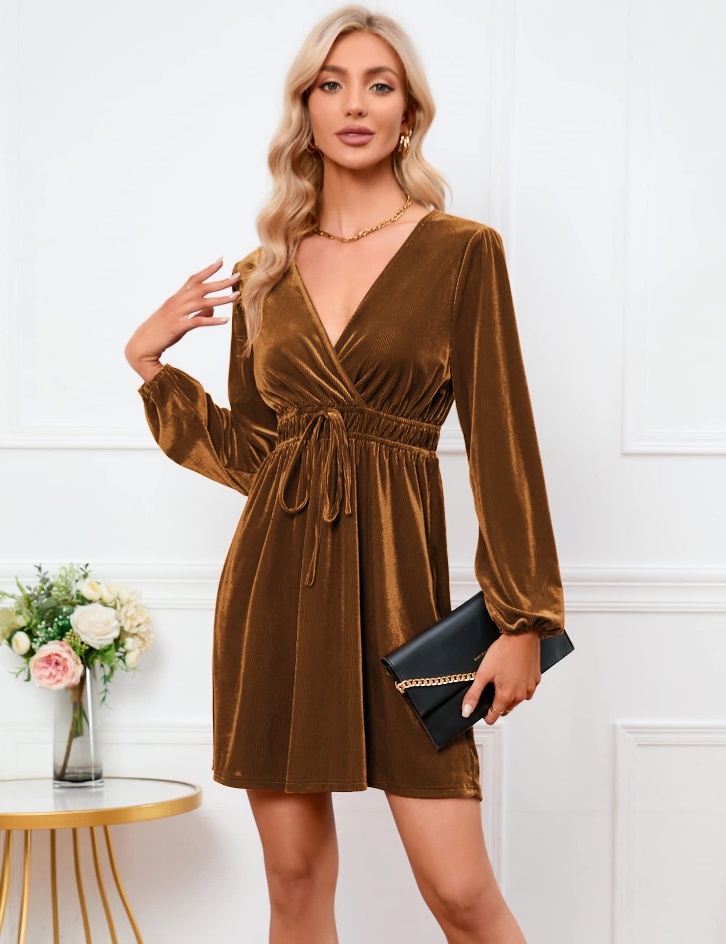 KOJOOIN Damen Samtkleid Causal Velvet Retro Kleid Elegant Abendkleid Sexy V Ausschnitt Partykleid Cocktailkleid Winterkleid(MEHRWEG-Verpackung)