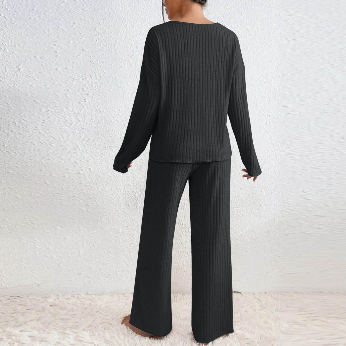 Hausanzug Damen Elegant Gestrickte Loungewear Einfarbig Strickanzug Langarm Schlafanzüge Zweiteiler V-Ausschnitt Homewear Locker Freizeitanzug Outfit Weites Bein Hose mit Taschen Lounge Set